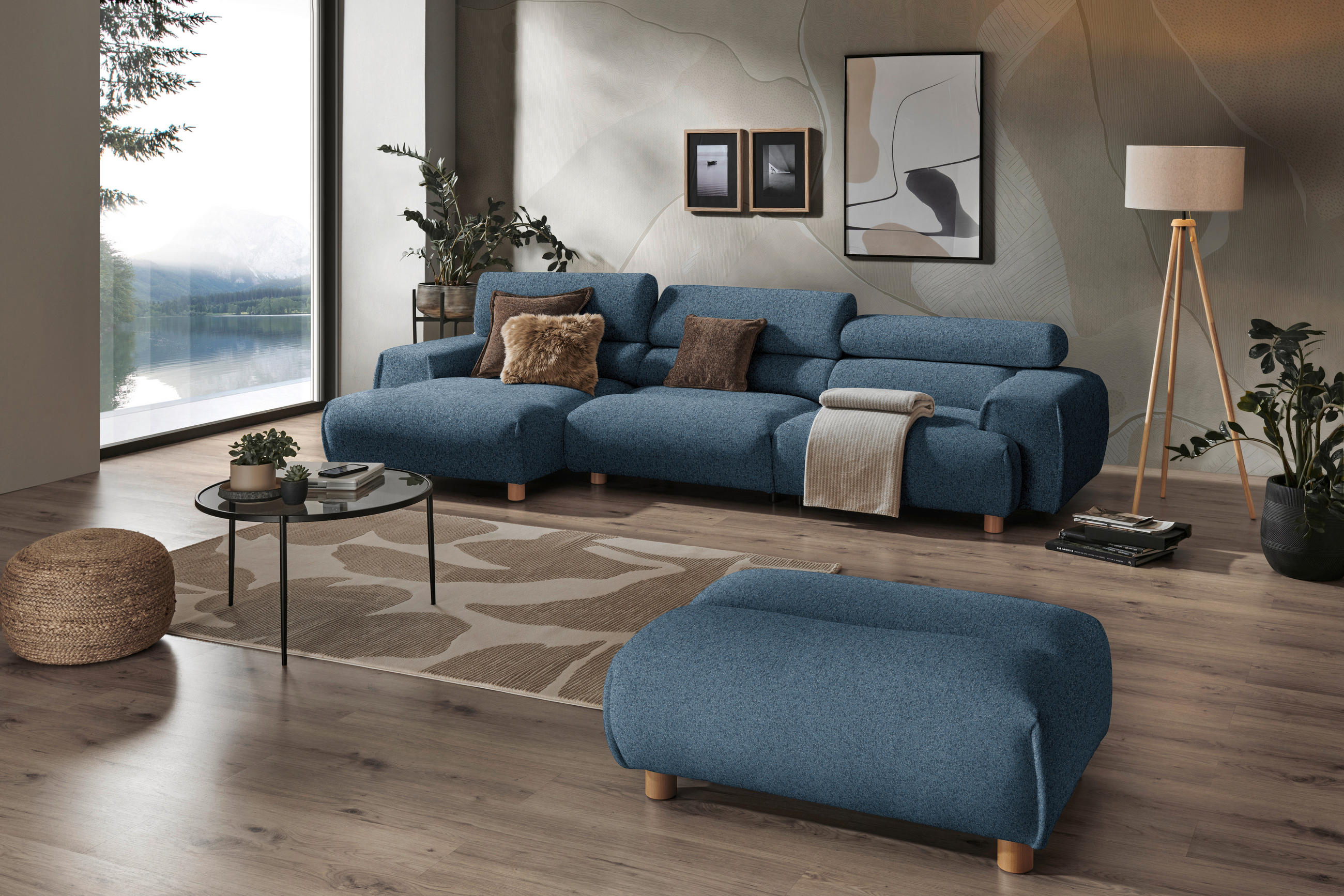 ECKSOFA  in Velours Dunkelblau  150/329 cm  - Dunkelblau, Natur, Holz/Textil (150/329cm) - Lomoco