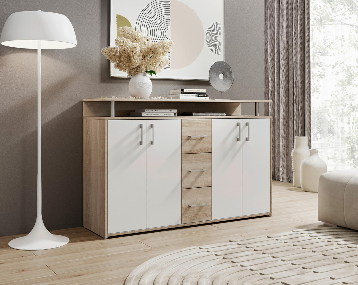 COMODĂ CU UȘI 139/90/34 cm  - stejar Sonoma/argintiu, Konventionell, plastic/material pe bază de lemn (139/90/34cm) - Carryhome