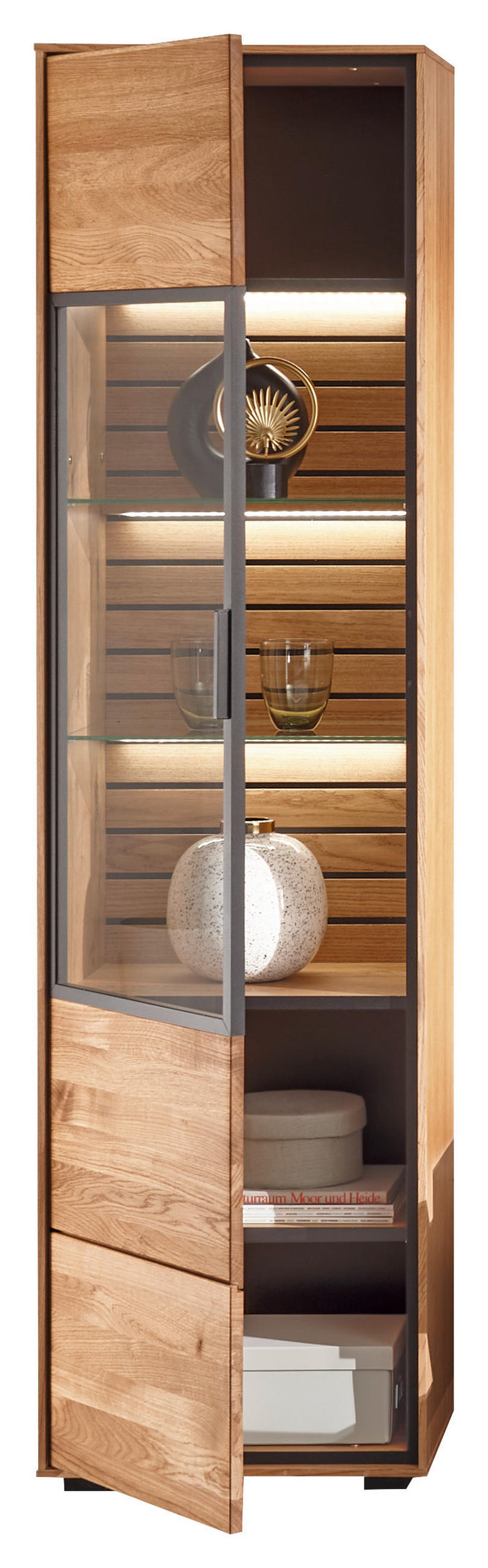 VITRINE in furniert, massiv Eiche Schwarz, Eichefarben  - Eichefarben/Schwarz, Trend, Glas/Holz (50/198/40cm) - SetOne by Musterring