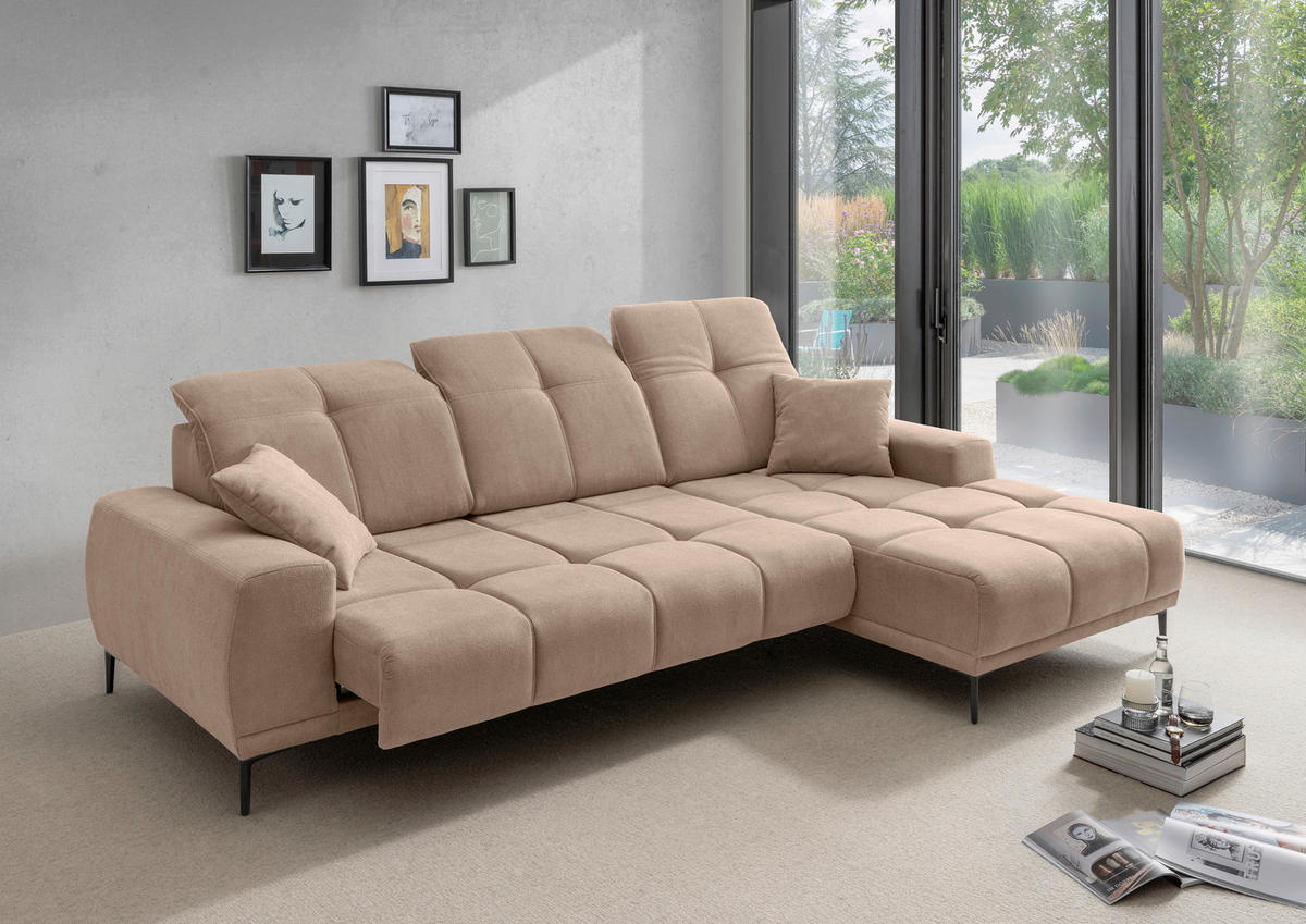 ECKSOFA NESTO Hellbraun Chenille Zierkissen, Kopfteilverstellung, Sitztiefenverstellung  - Hellbraun/Schwarz, Basics, Textil/Metall (292/187cm) - Livetastic