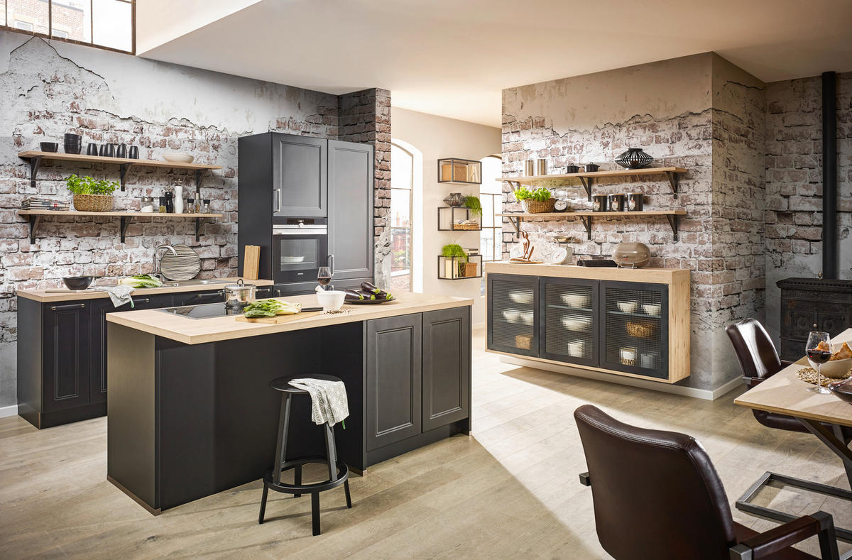 EINBAUKÜCHE   - Eichefarben/Schwarz, LIFESTYLE, Holzwerkstoff - Dieter Knoll