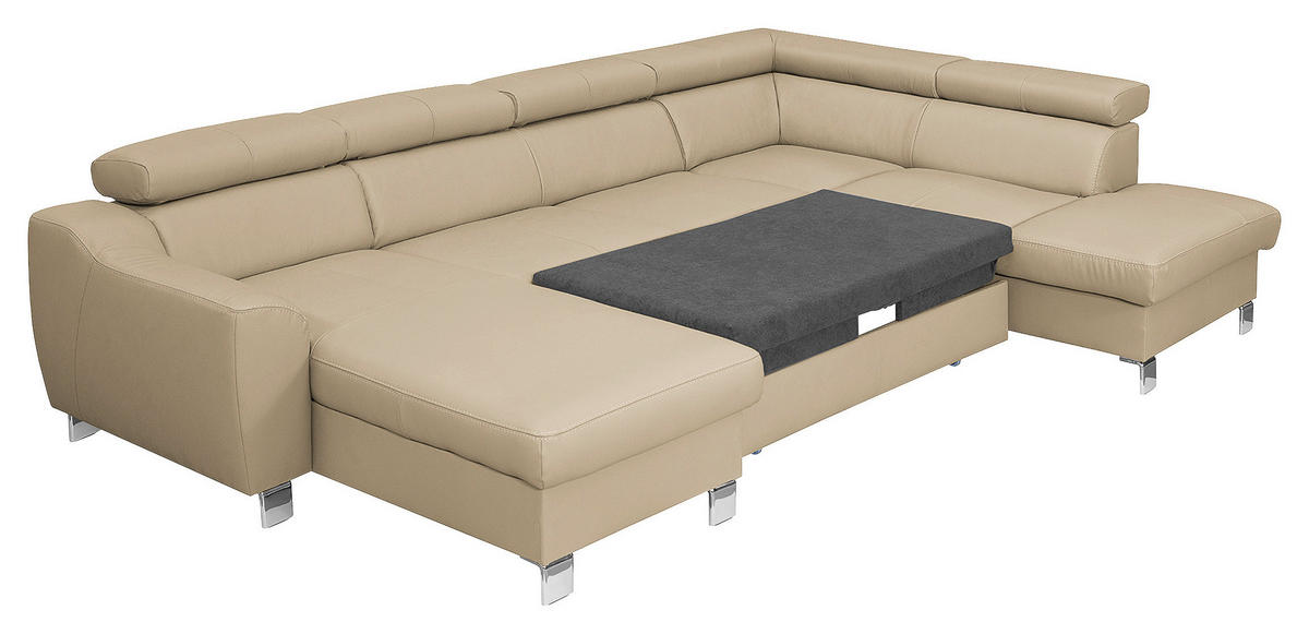 WOHNLANDSCHAFT in Lederlook Echtleder Beige  - Chromfarben/Beige, Design, Leder/Textil (175/315/208cm) - Livetastic