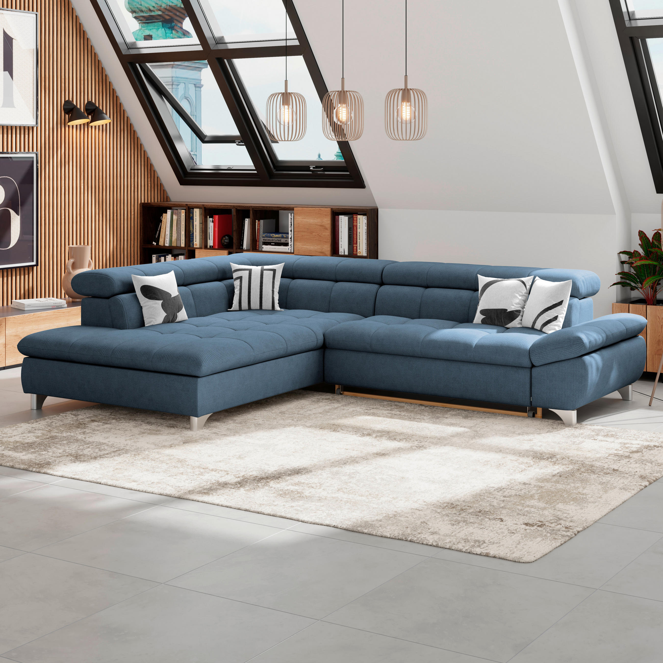 ECKSOFA Dunkelblau Chenille  - Chromfarben/Dunkelblau, KONVENTIONELL, Textil/Metall (234/312cm) - Livetastic