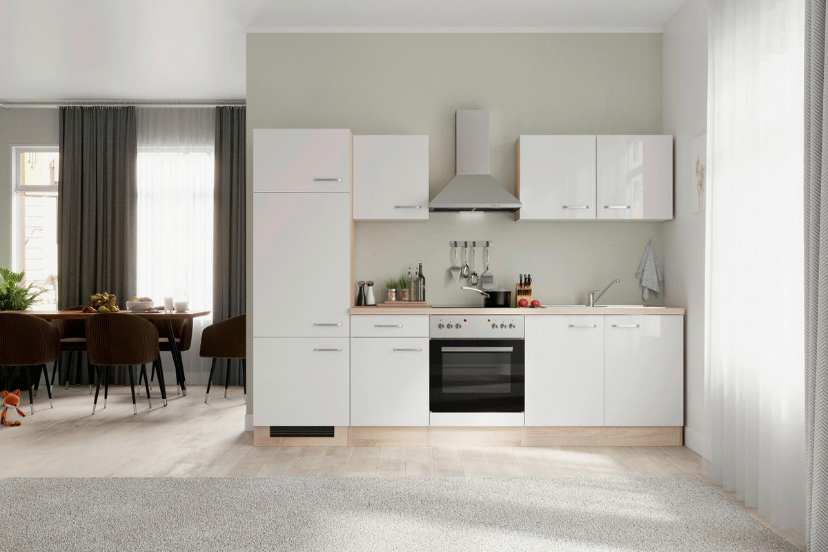 KUCHYNSKÁ LINKA VALERO 270 - biela s vysokým leskom/farba ušľachtilej ocele, Modern, kov/kompozitné drevo (270cm) - FlexWell