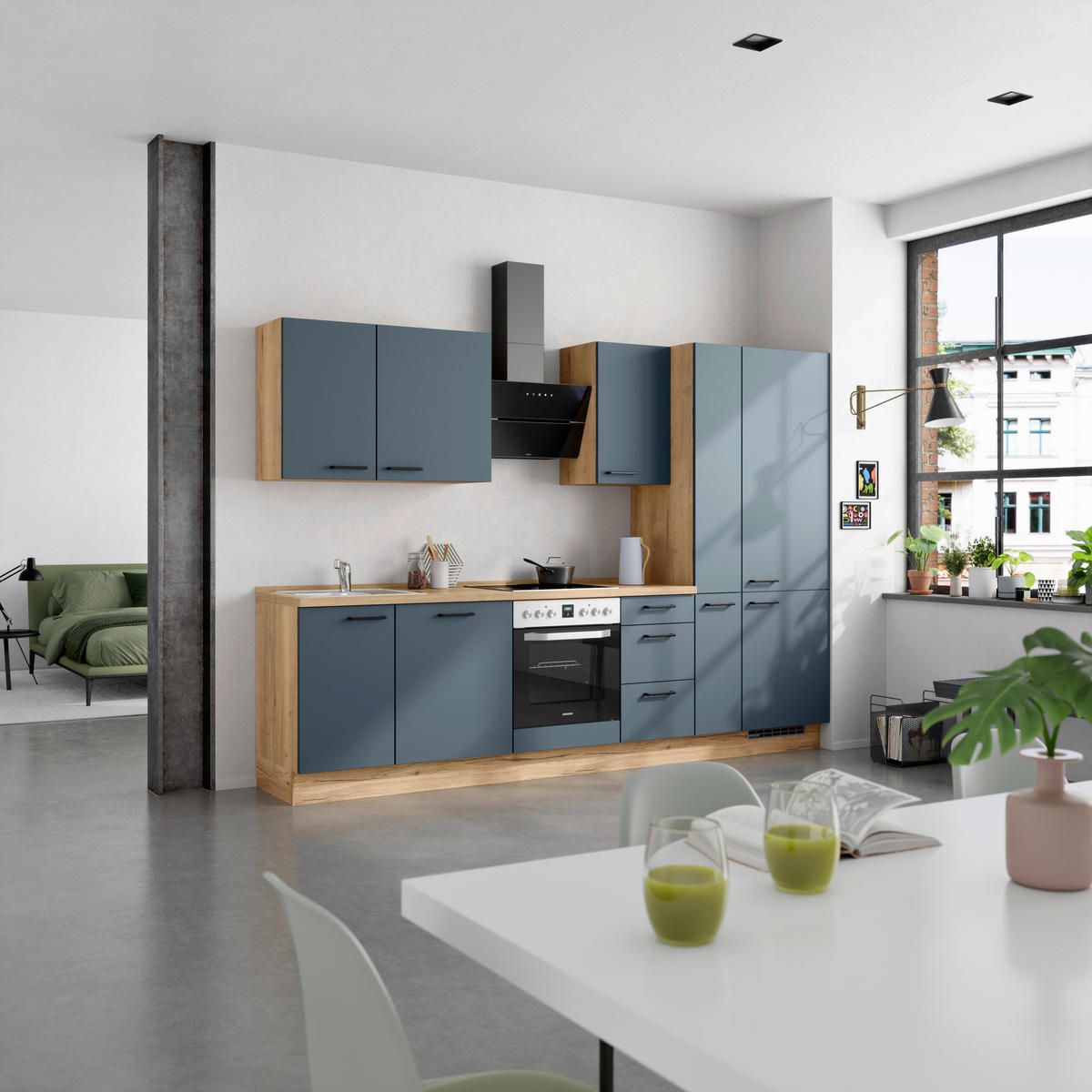 KÜCHENBLOCK Easytouch 300 cm  in Eichefarben, Dunkelblau  - Eichefarben/Schwarz, MODERN, Holzwerkstoff/Metall (300cm) - Nobilia