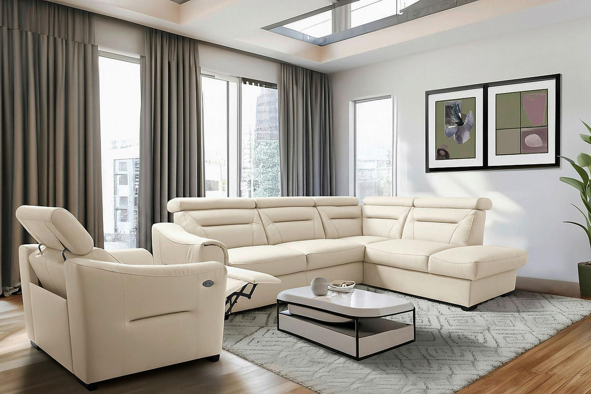 ECKSOFA Lederlook Echtleder Creme  - Wengefarben/Creme, Design, Leder/Holz (260/212cm) - Celina Home