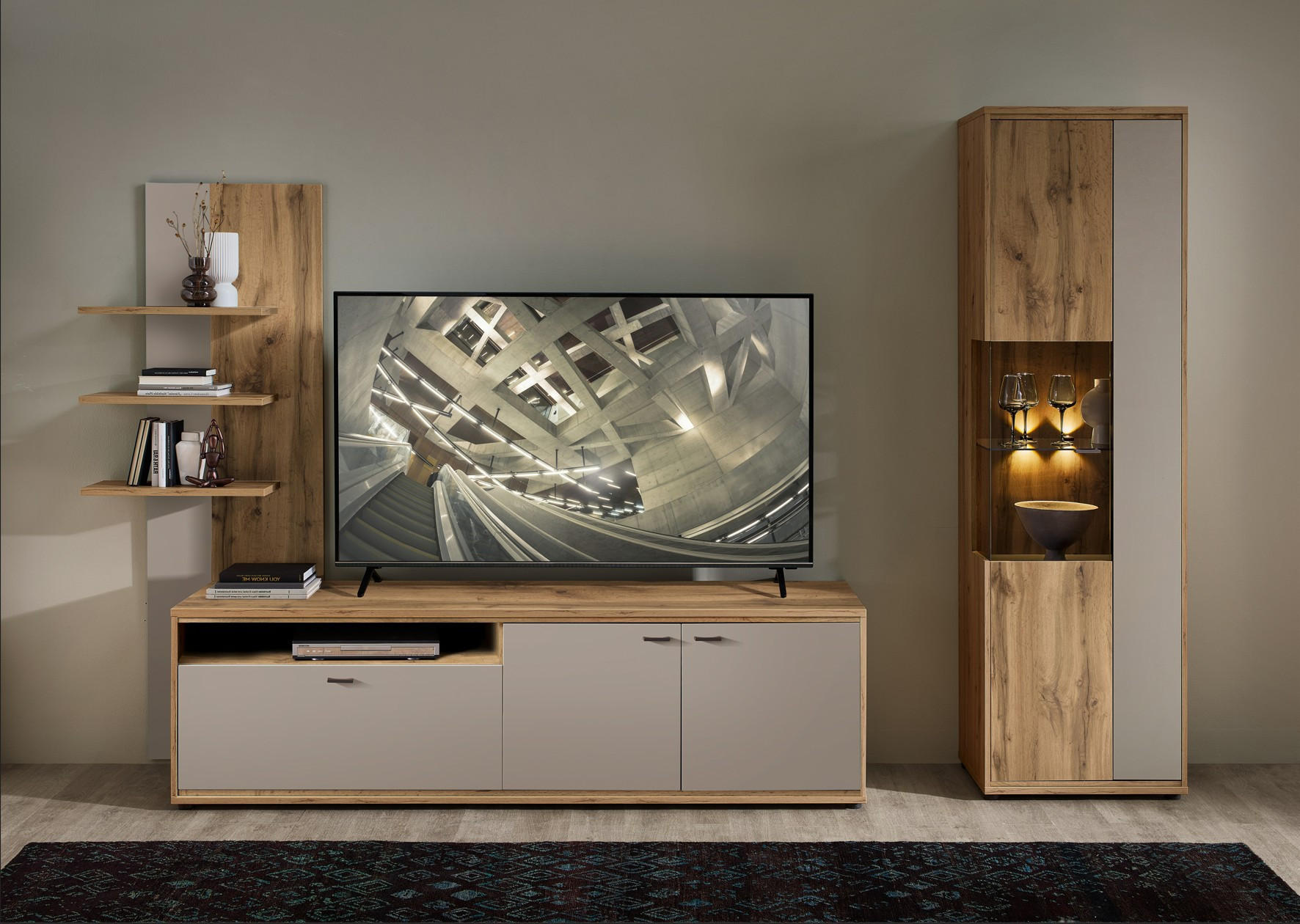 WOHNWAND 2-teilig  in Eichefarben, Kaschmir 310/205/49 cm  - Kaschmir/Eichefarben, Design, Glas/Holzwerkstoff (310/205/49cm) - Livetastic