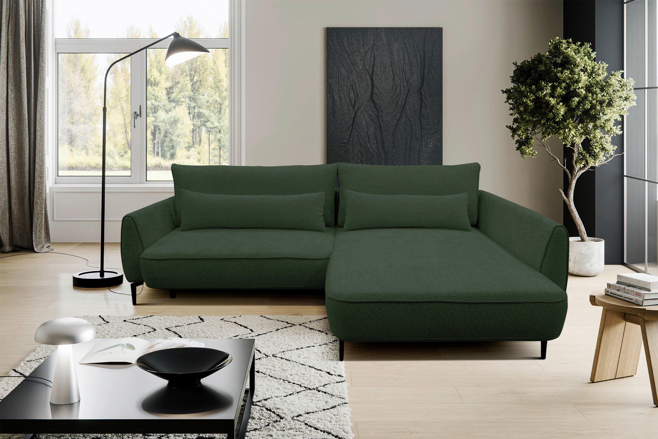 ECKSOFA ABRIAMO Dunkelgrün Bouclé Bettkasten, Schlaffunktion  - Dunkelgrün/Creme, Design, Textil/Metall (273/204cm) - MID.YOU