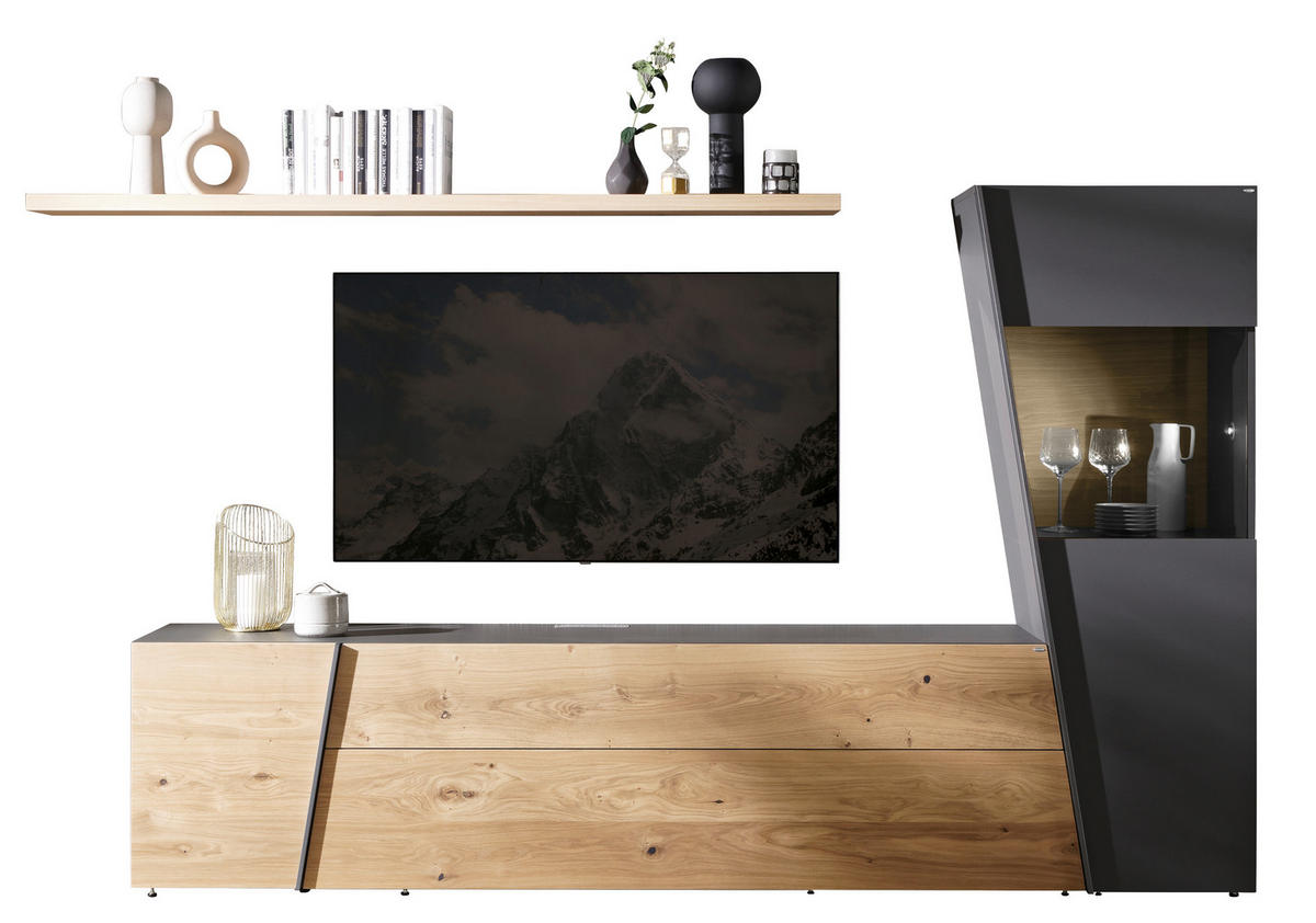 WOHNWAND  Graphitfarben, Wildeiche 285/162/45 cm  - Wildeiche/Anthrazit, Natur, Glas/Holz (285/162/45cm) - Voglauer
