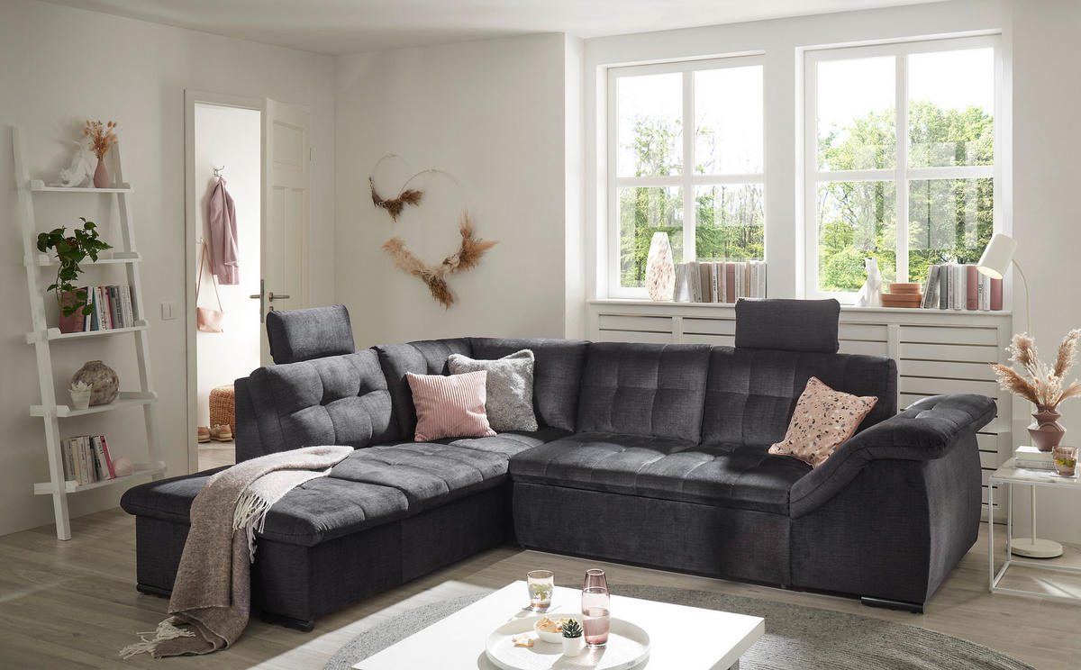 ECKSOFA in Mikrovelours Schwarz  - Schwarz, Konventionell, Kunststoff/Textil (217/283cm) - MID.YOU