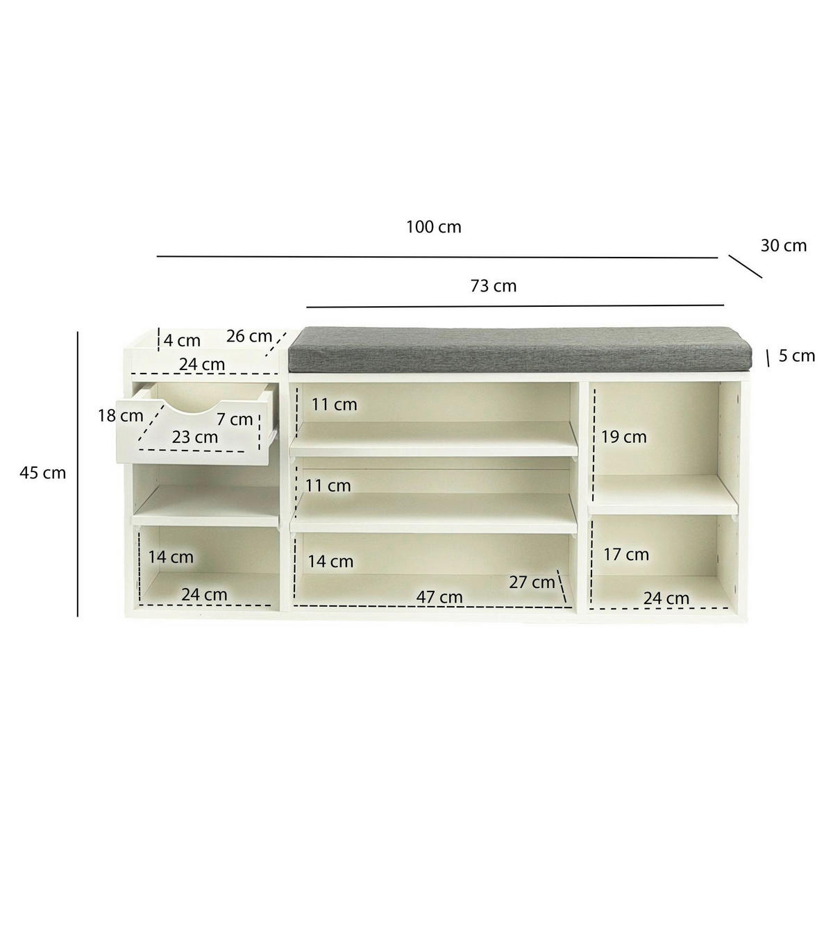 KLUPA ZA OBUĆU  bijela      - bijela/siva, Design, drvni materijal/tekstil (100/45/30cm) - Livetastic