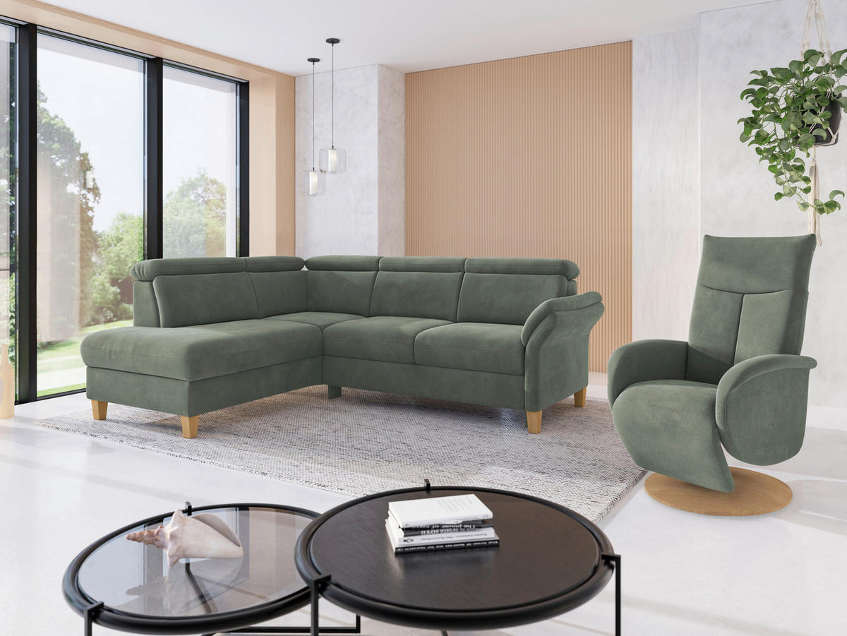 ECKSOFA GLENDALE E Dunkelgrün Flachgewebe  - Dunkelgrün/Eichefarben, KONVENTIONELL, Holz/Textil (193/247cm) - Sit & More