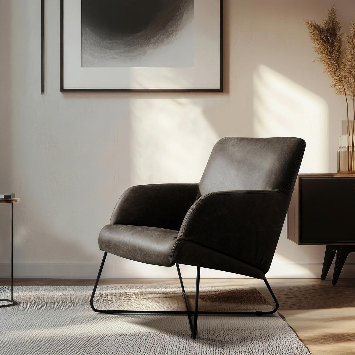 SESSEL in Echtleder Fango  - Fango/Schwarz, Design, Leder/Metall (67/87/74cm) - Livetastic