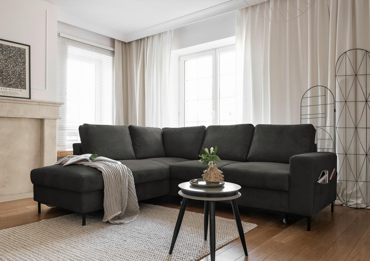 ECKSOFA in Cord Grau  - Schwarz/Grau, Design, Textil/Metall (197/237cm) - MID.YOU