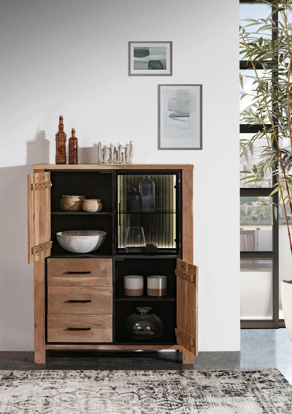 HIGHBOARD  in 110/136/44 cm  - Schwarz/Naturfarben, LIFESTYLE, Glas/Holz (110/136/44cm) - Landscape