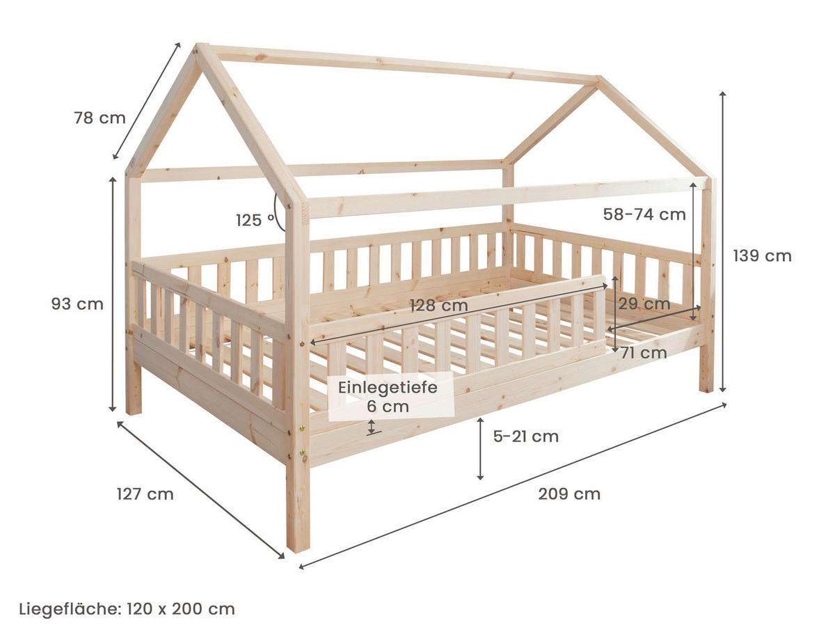 HAUSBETT Absturzsicherung, Vorhang, Lattenrost, Bettschublade 120/200 cm  in Naturfarben, Altrosa  - Altrosa/Naturfarben, MODERN, Holz/Textil (120/200cm) - MID.YOU