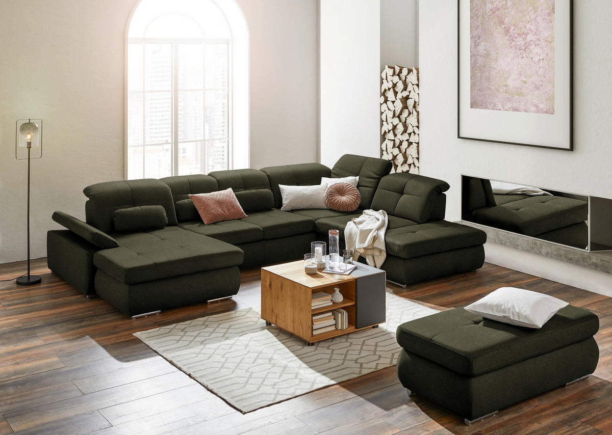 WOHNLANDSCHAFT  in Mikrofaser Olivgrün  - Chromfarben/Olivgrün, Design, Textil (195/371/260cm) - Beldomo Style