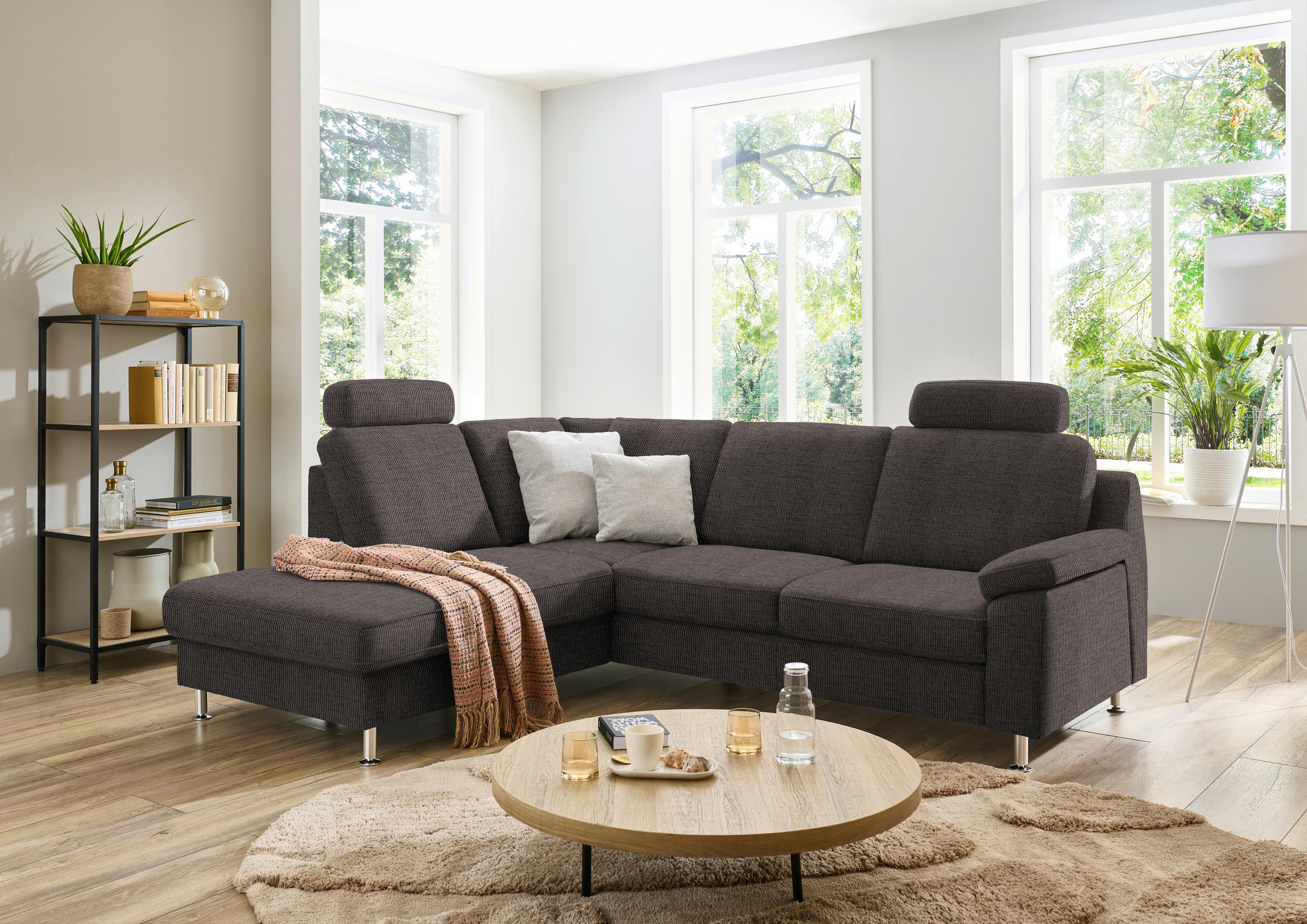 ECKSOFA in Webstoff Dunkelbraun  - Dunkelbraun/Alufarben, Konventionell, Textil/Metall (200/241cm) - Beldomo System