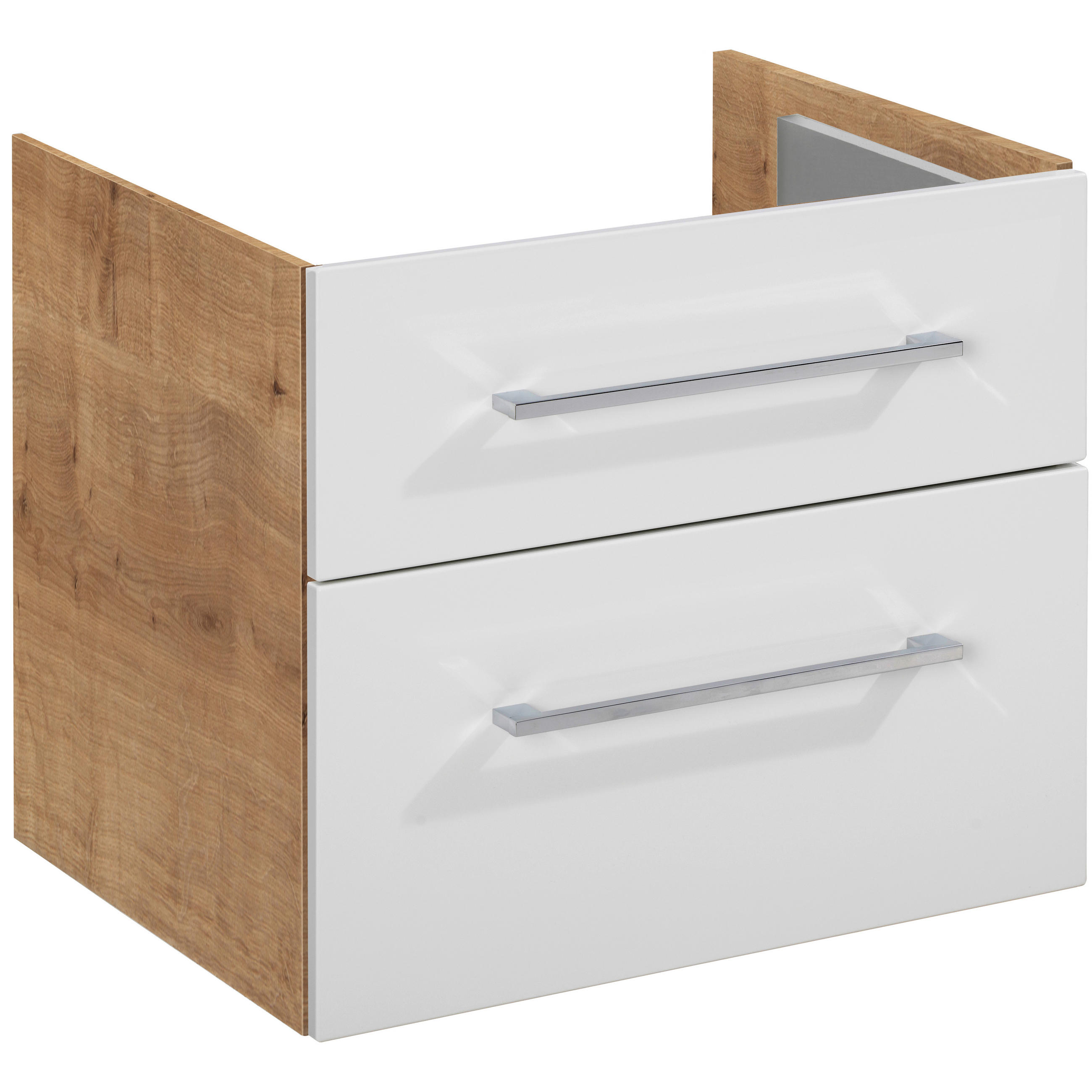 Voleo Unterschrank Lara Eiche, Chrom, Weiß Hochglanz 60x48.8x50.9 cm
