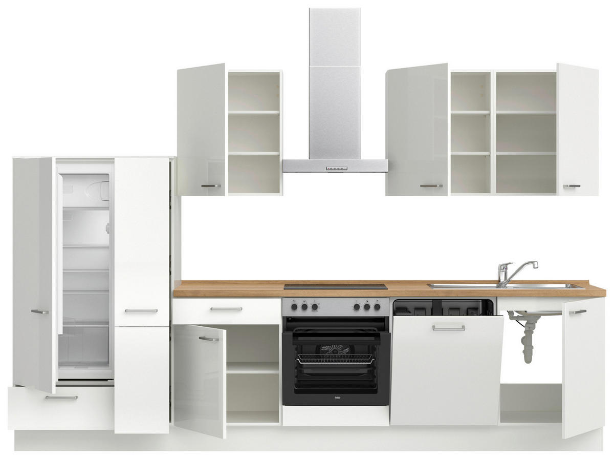 KÜCHENLEERBLOCK 330 cm   in Eichefarben, Weiß Hochglanz  - Edelstahlfarben/Eichefarben, MODERN, Holzwerkstoff/Metall (330cm) - Nobilia