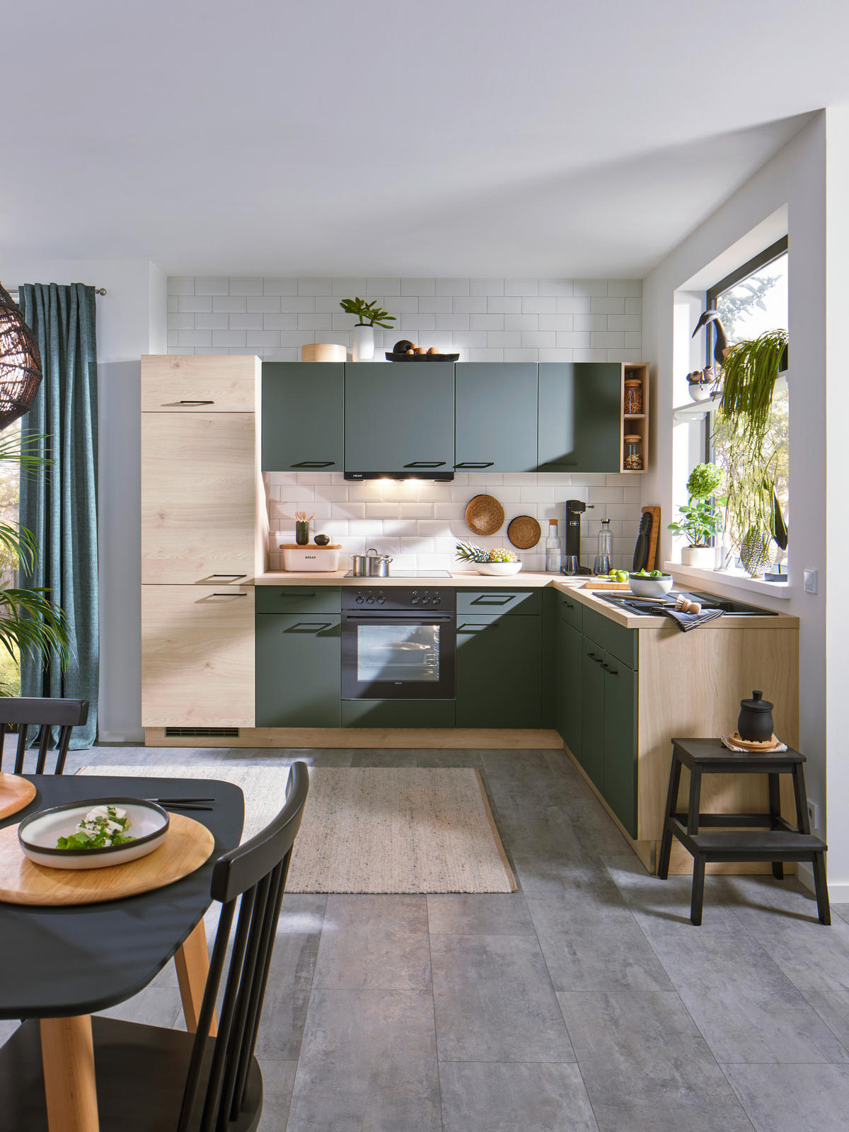 EINBAUKÜCHE   - Dunkelgrün/Eichefarben, Modern, Holzwerkstoff/Metall - Welnova