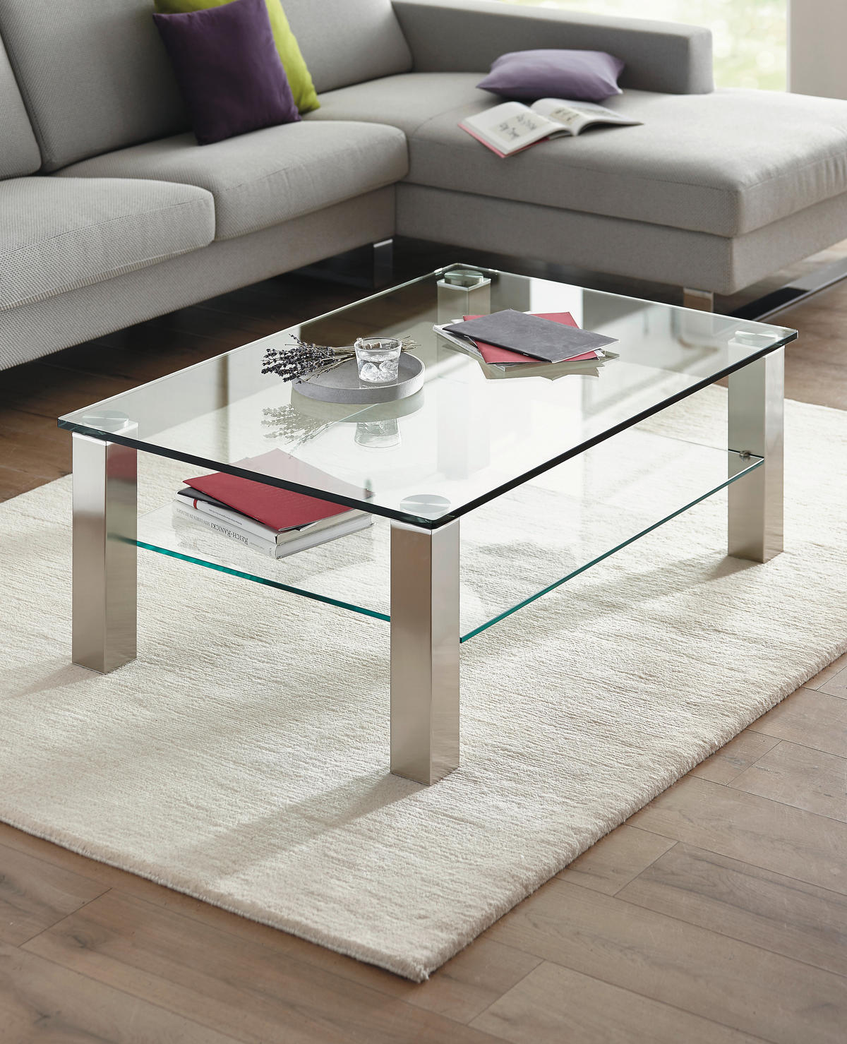 COUCHTISCH Kristallglas 120/80/43 cm rechteckig Nickelfarben  - Nickelfarben, Design, Glas/Kunststoff (120/80/43cm)