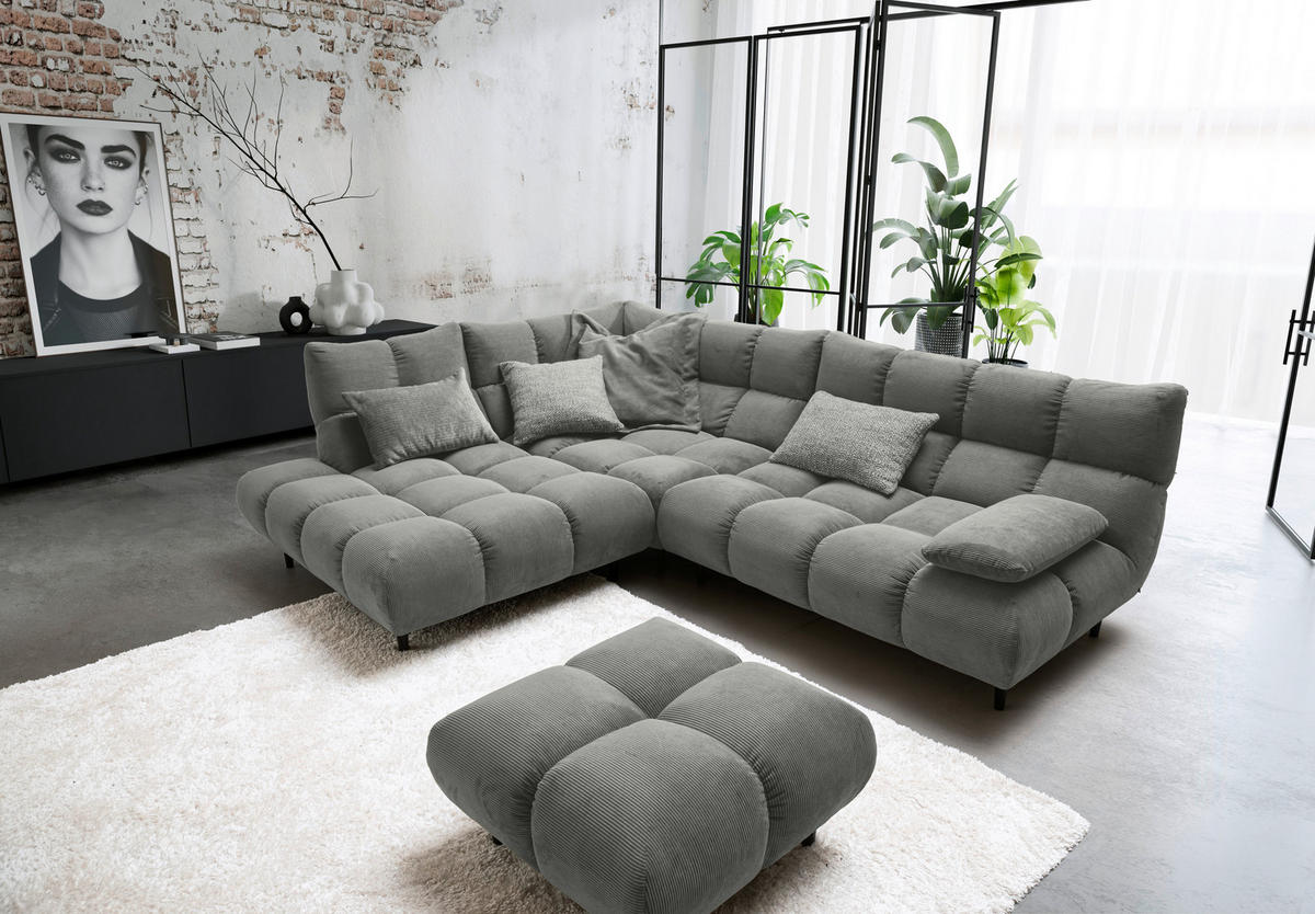 ECKSOFA Ottomane links, Eckteil  Grau Feincord  - Schwarz/Grau, Design, Holz/Textil (215/288cm) - Pure Home Lifestyle