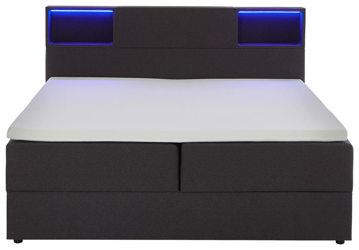 BOXSPRINGBETT 180/200 cm,  in Anthrazit, Matratze, Beleuchtung, Bettkasten, Topper, H3 = fest  - Anthrazit/Schwarz, Design, Holz/Textil (180/200cm) - Xora