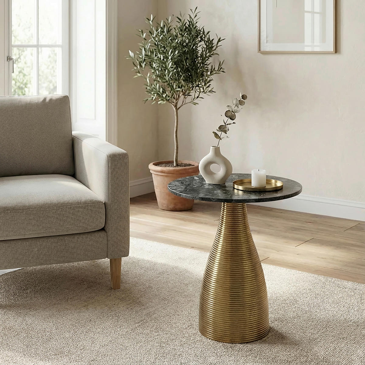 KISASZTAL fém, kő 40/48/40 cm   - aranyszínű/zöld, Design, kő/fém (40/40/48cm) - Livetastic