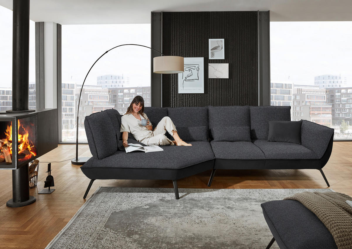 ECKSOFA in Flachgewebe Anthrazit  - Anthrazit/Schwarz, Design, Textil/Metall (169/320cm) - Moderano