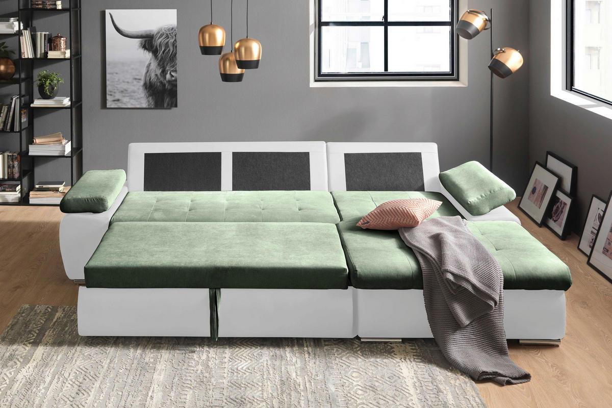 ECKSOFA in Flachgewebe Weiss, Olivgrün  - Weiss/Olivgrün, Design, Kunststoff/Textil (271/175cm) - MID.YOU