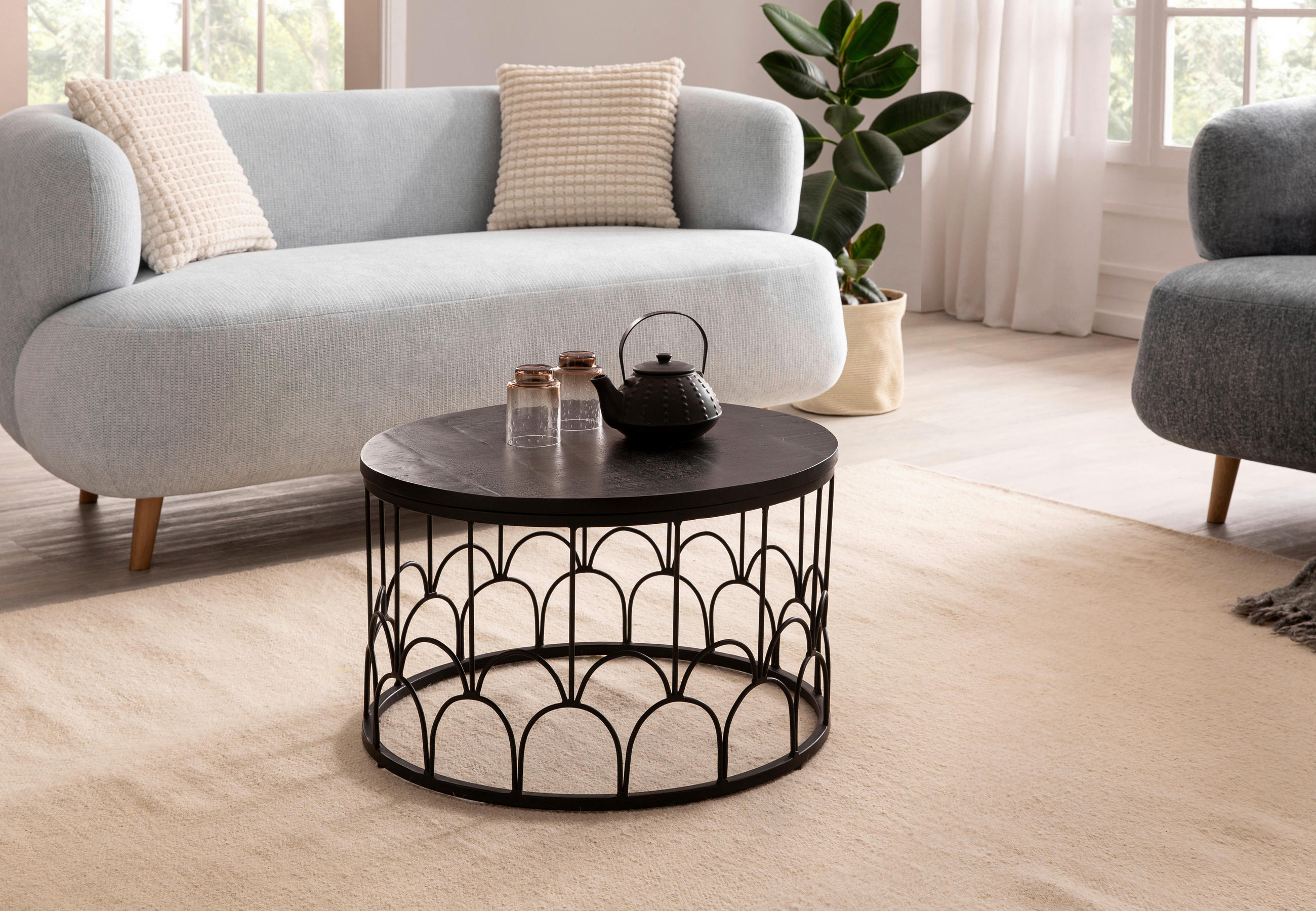 COUCHTISCH Mangoholz massiv rund Schwarz  - Schwarz, Design, Holz/Metall (60/36cm) - MID.YOU