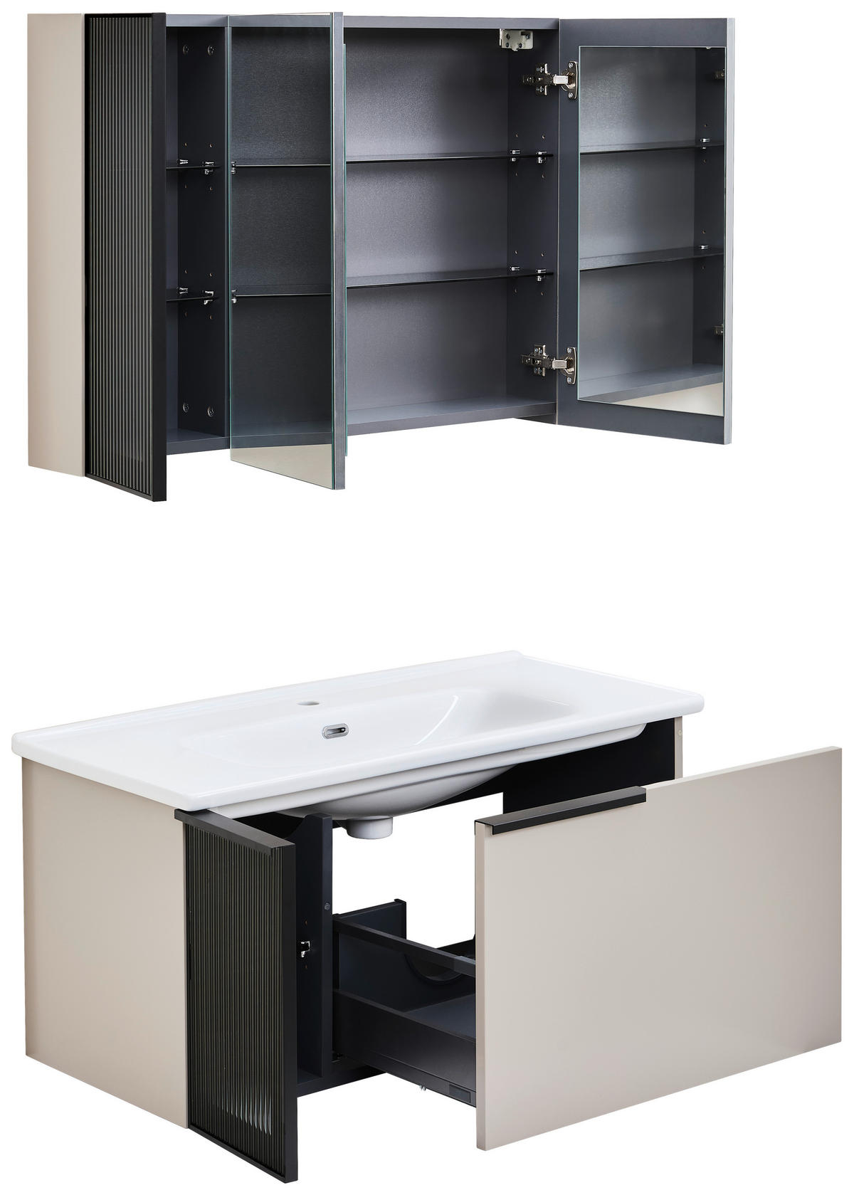 BADEZIMMER 3-teilig  in  - Weiß Hochglanz/Beige, MODERN, Glas/Keramik (100/114/45cm) - MID.YOU