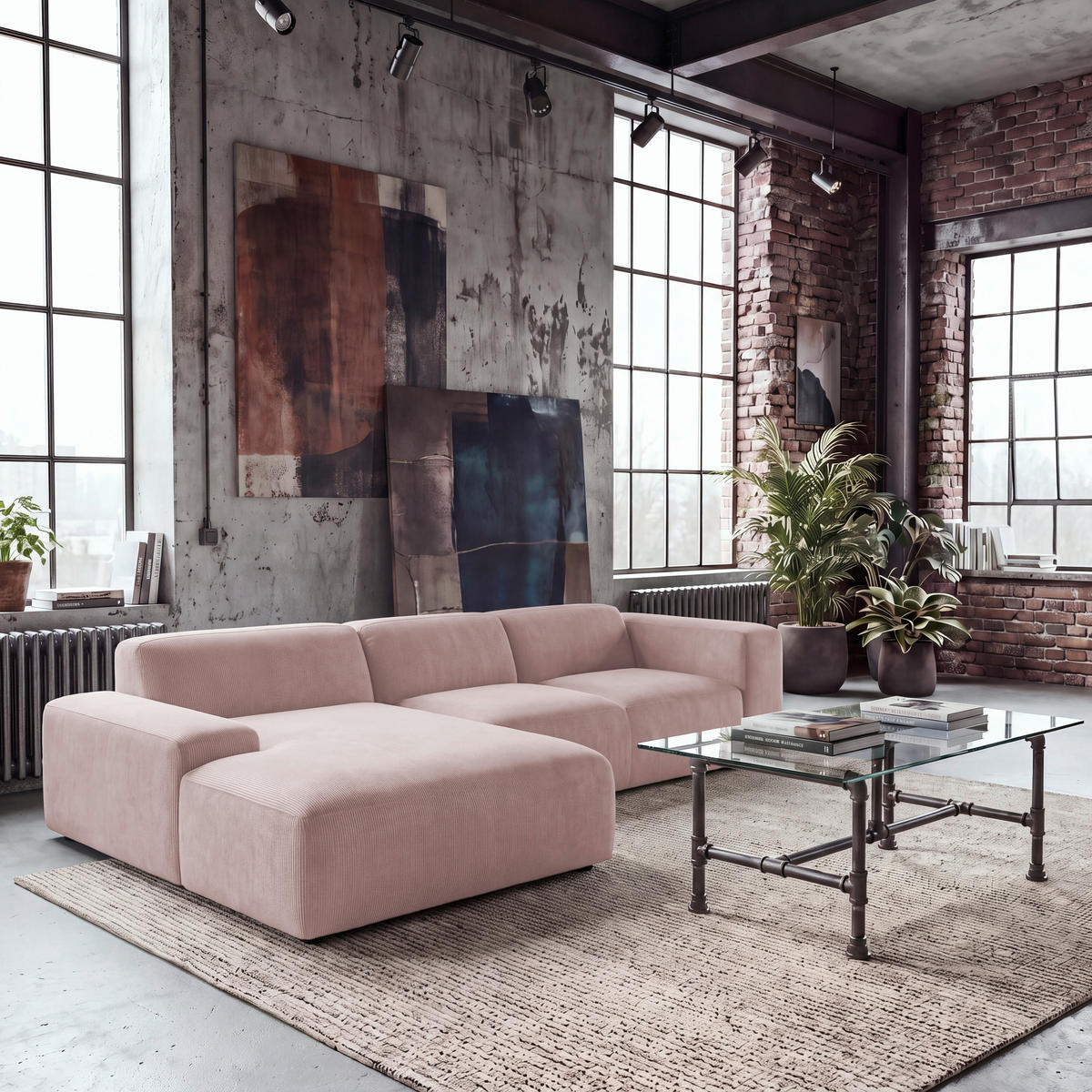 ECKSOFA HANNAH Rosa Cord  - Schwarz/Rosa, Design, Kunststoff/Textil (200/304cm) - MID.YOU