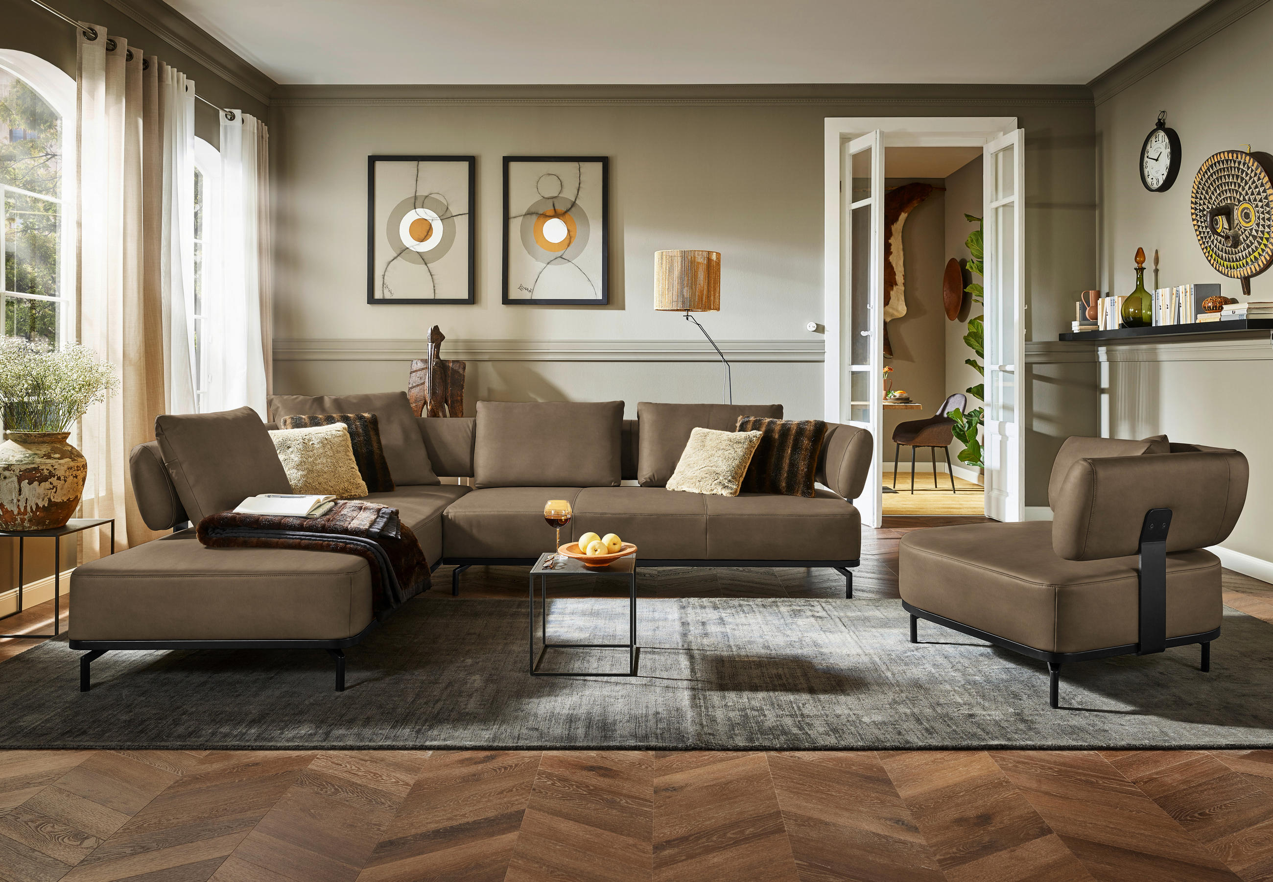ECKSOFA in Echtleder Braun  - Schwarz/Braun, Design, Leder/Metall (237/302cm) - Dieter Knoll