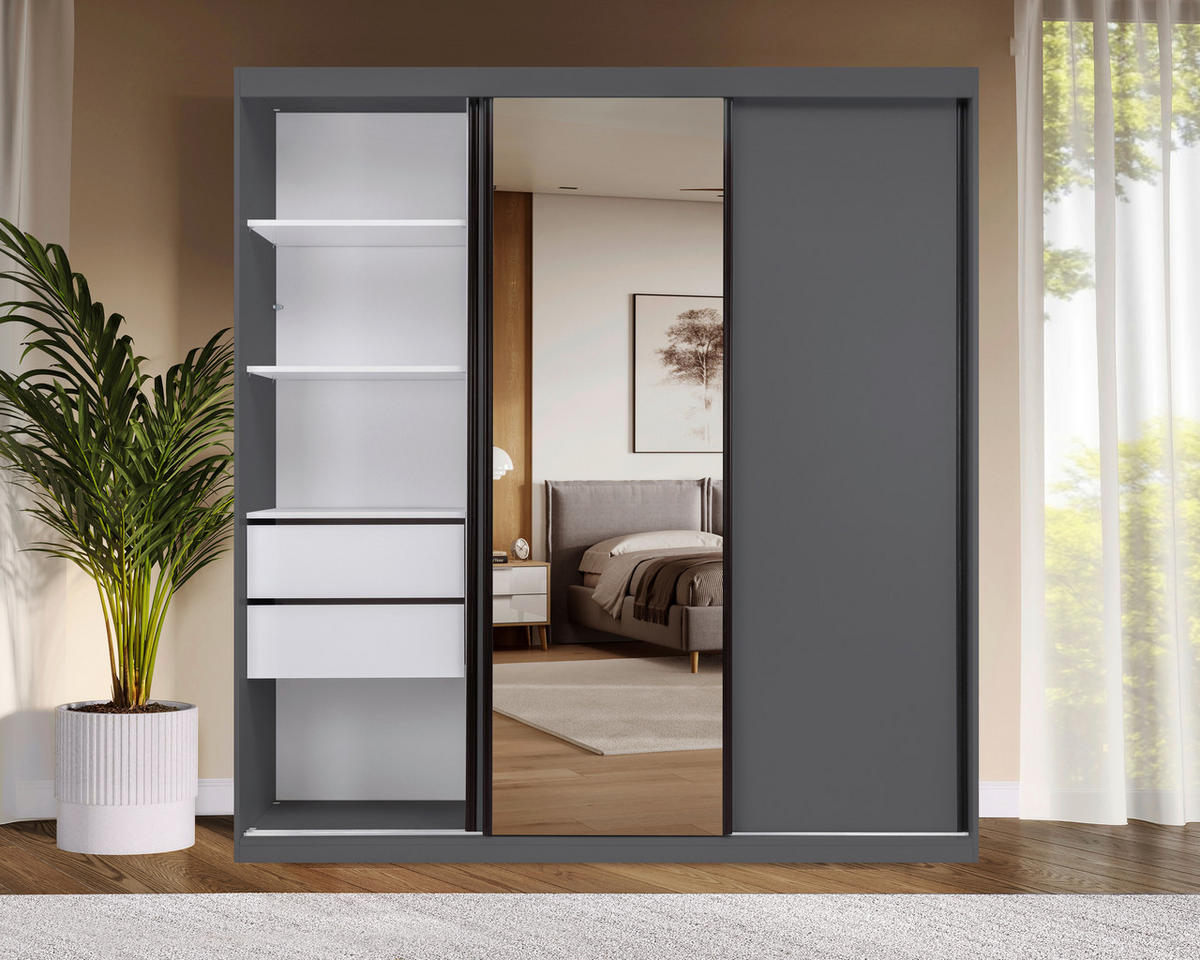 SCHIEBETÜRENSCHRANK 200/215/59,5 cm 3-türig  - Schwarz/Graphitfarben, MODERN, Holzwerkstoff/Metall (200/215/59,5cm) - MID.YOU