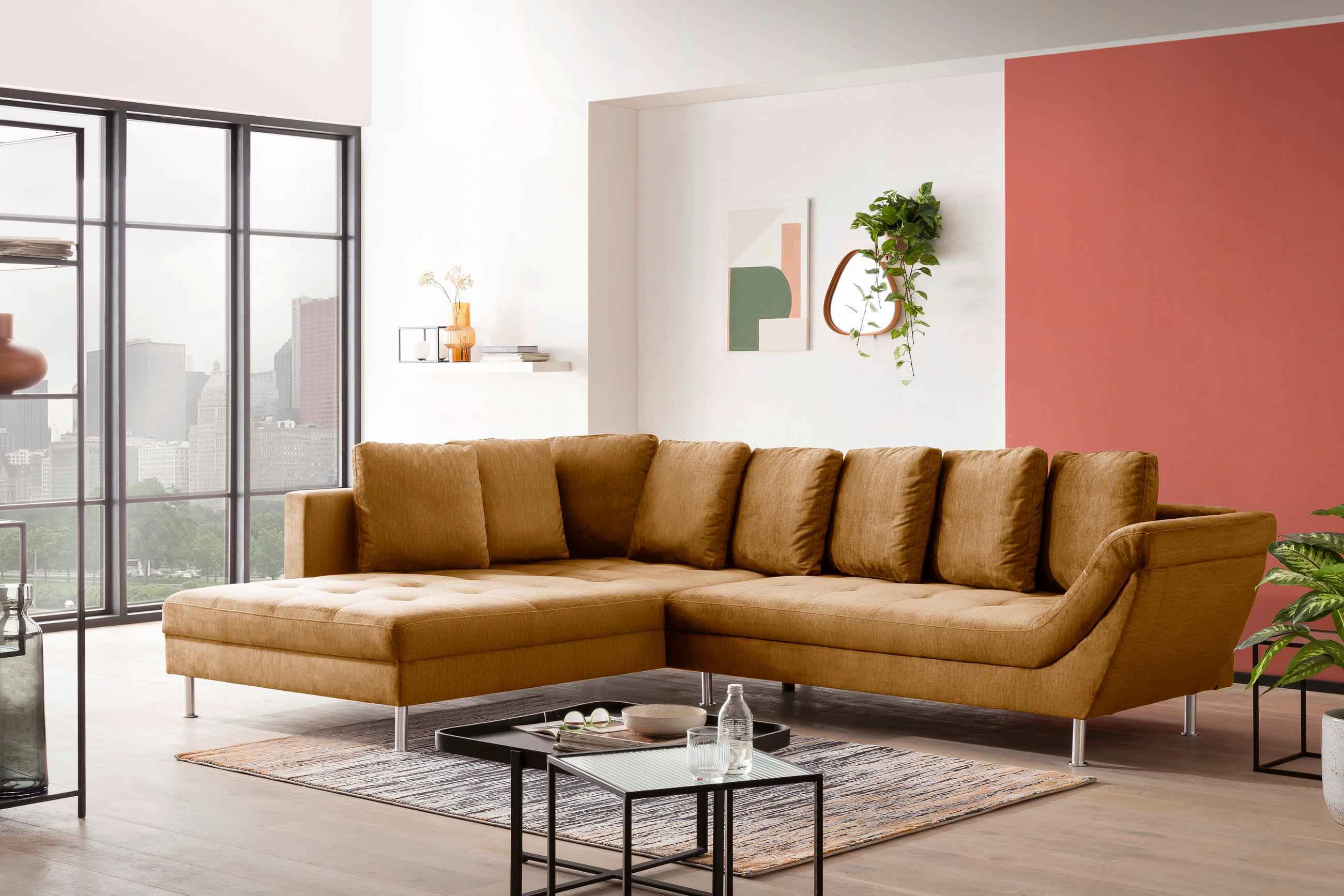 ECKSOFA Gelb Velours  - Chromfarben/Gelb, Design, Kunststoff/Textil (224/326cm) - Stylife