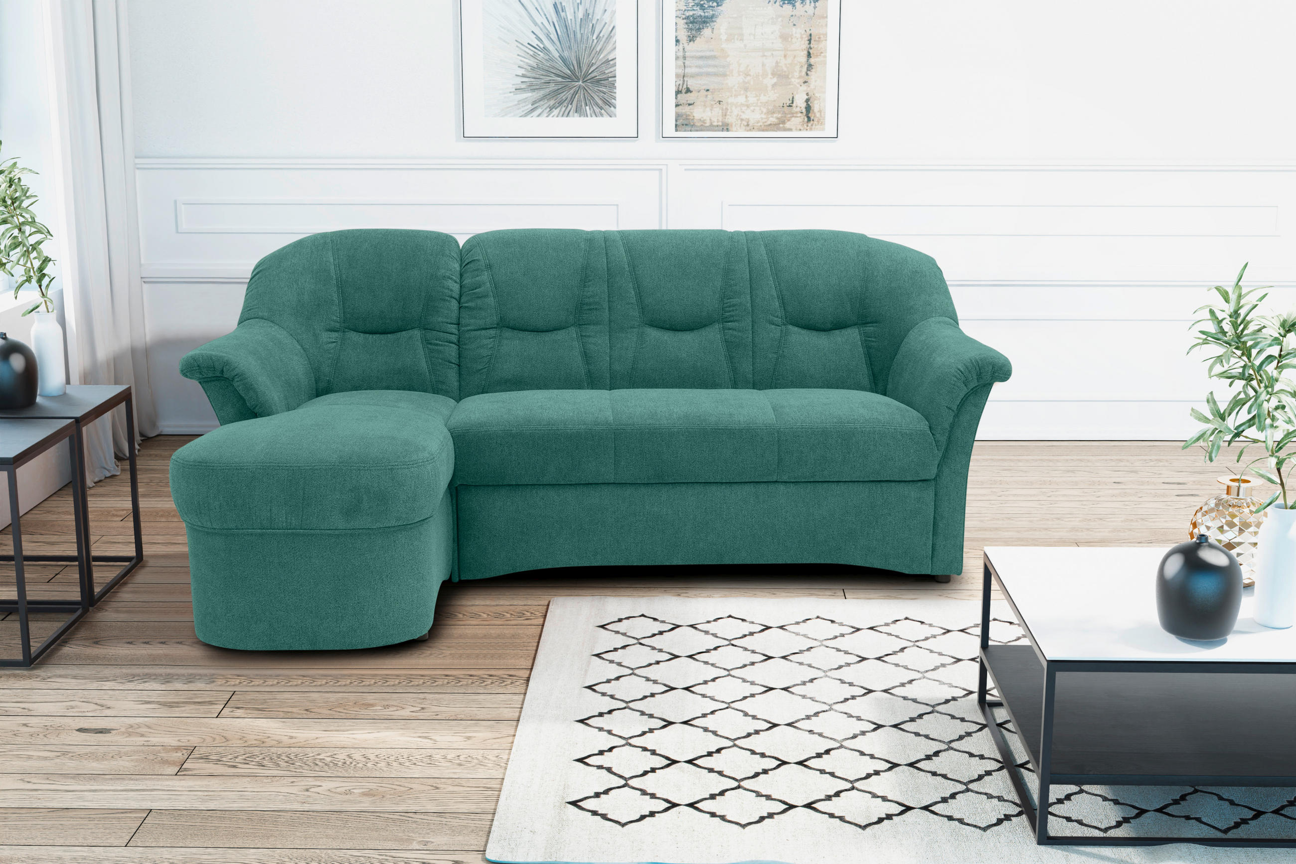 Thumbnail - Mid.you Ecksofa, Petrol, Textil, Uni, 3-Sitzer, L-Form, 232x146 cm, Made in EU, FSC Mix, Rücken echt, Armteil links, rec...