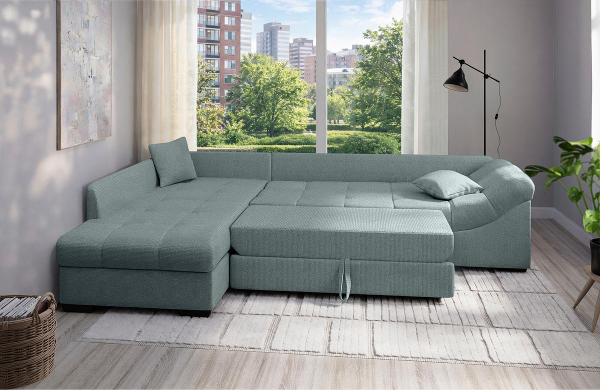 ECKSCHLAFSOFA Alvito Mintgrün Chenille  - Schwarz/Mintgrün, MODERN, Holz/Textil (202/298cm) - MID.YOU