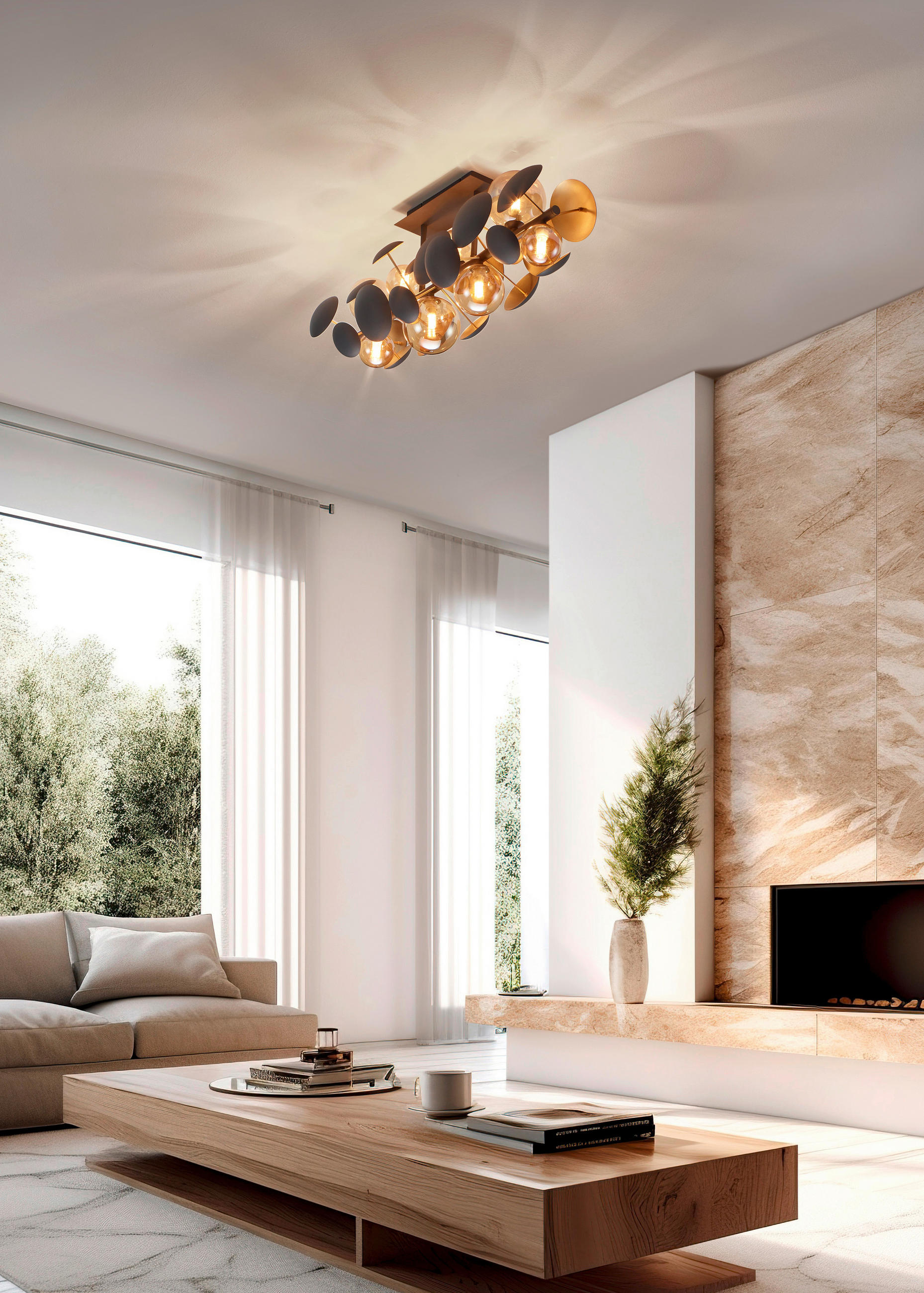 PLAFONIERĂ - alb/auriu, Lifestyle, sticlă/metal (76/33,5/22cm)