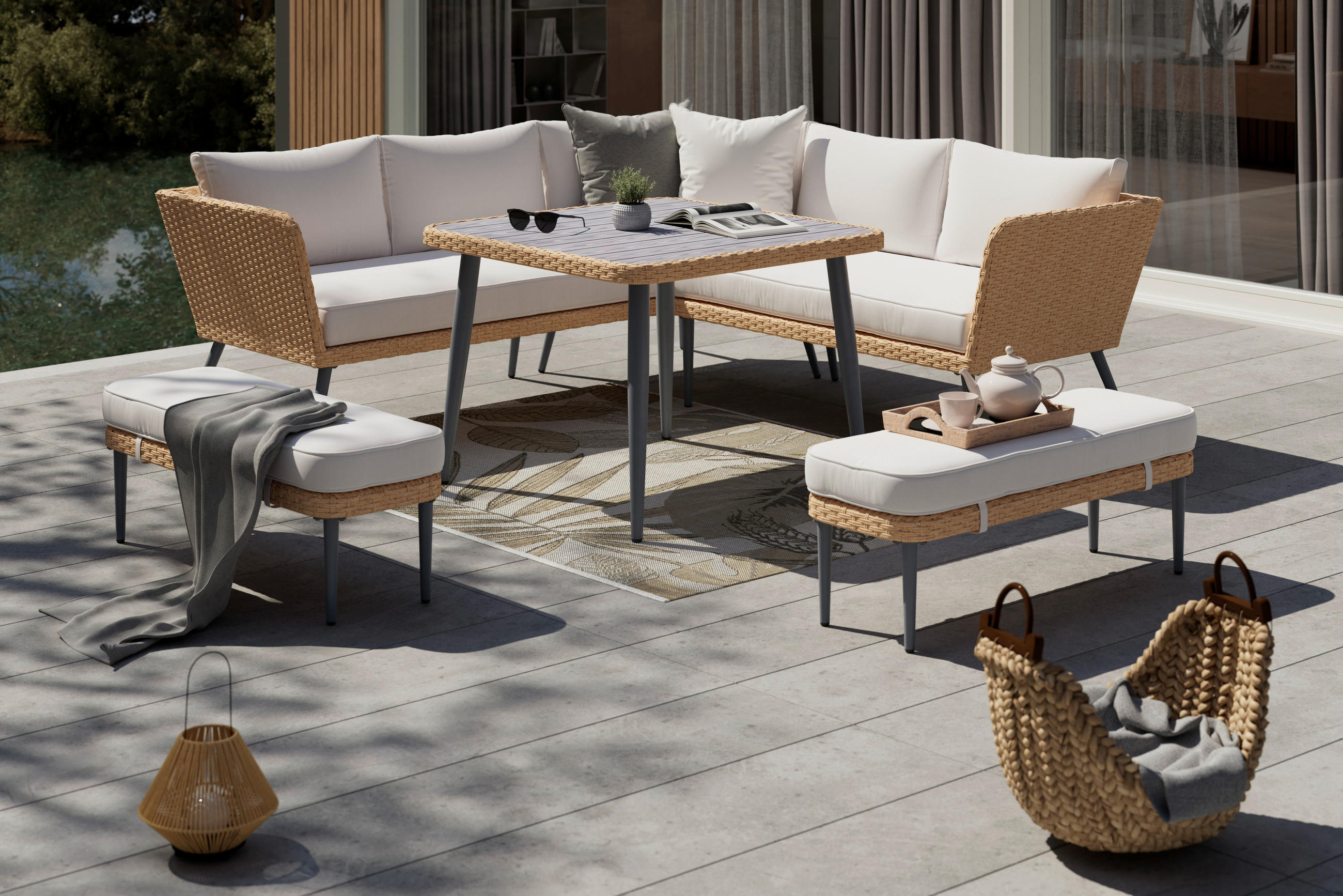 JÍDELNÍ TERASOVÁ SOUPRAVA 6dílné, kov, plast, textil - tmavě šedá/světle šedá, Moderní, kov/textil - Ambia Garden