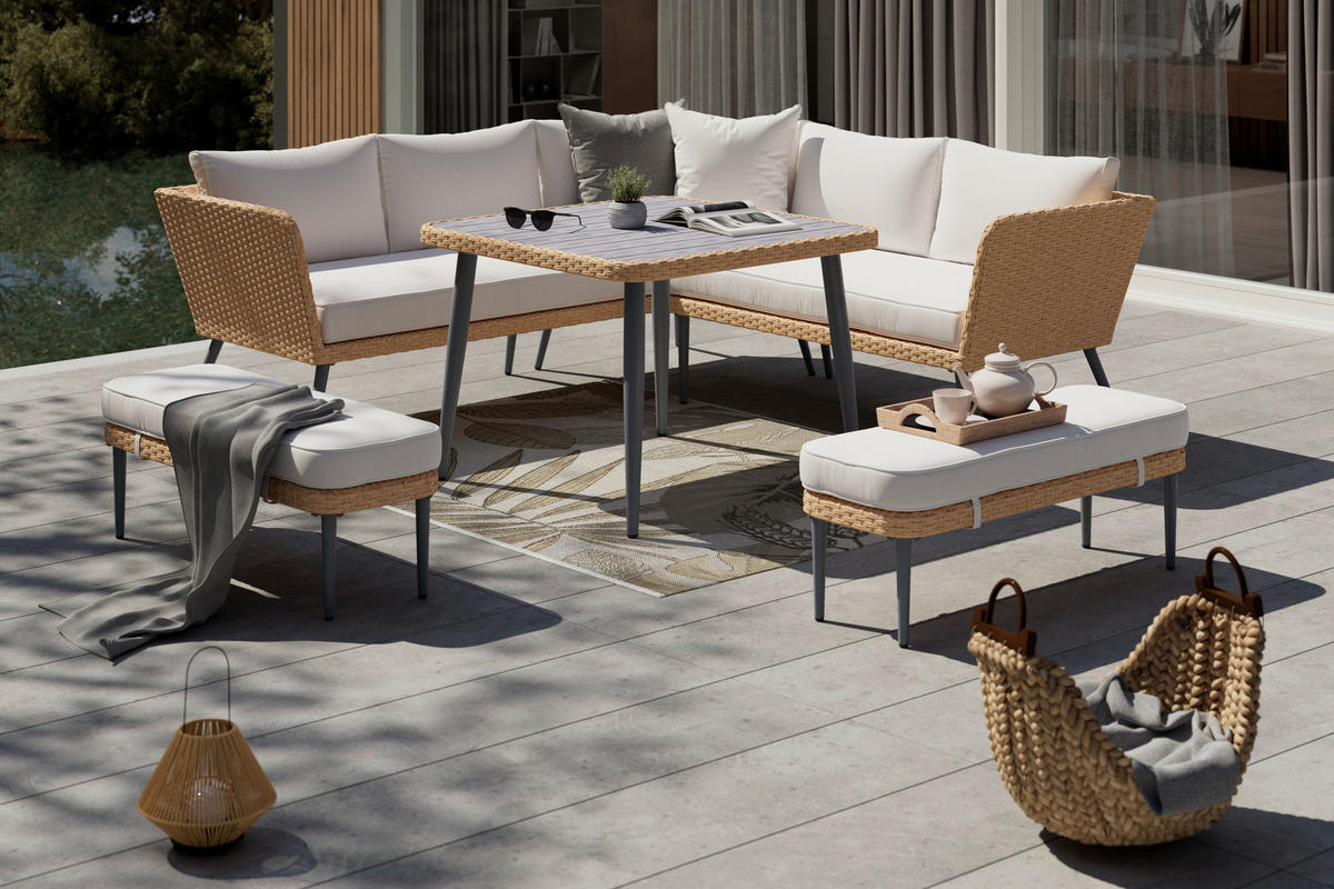 JEDÁLENSKÁ TERASOVÁ SÚPRAVA 6-dielne, kov, plast, textil - prírodná farba/svetlosivá, Modern, kov/textil - Ambia Garden