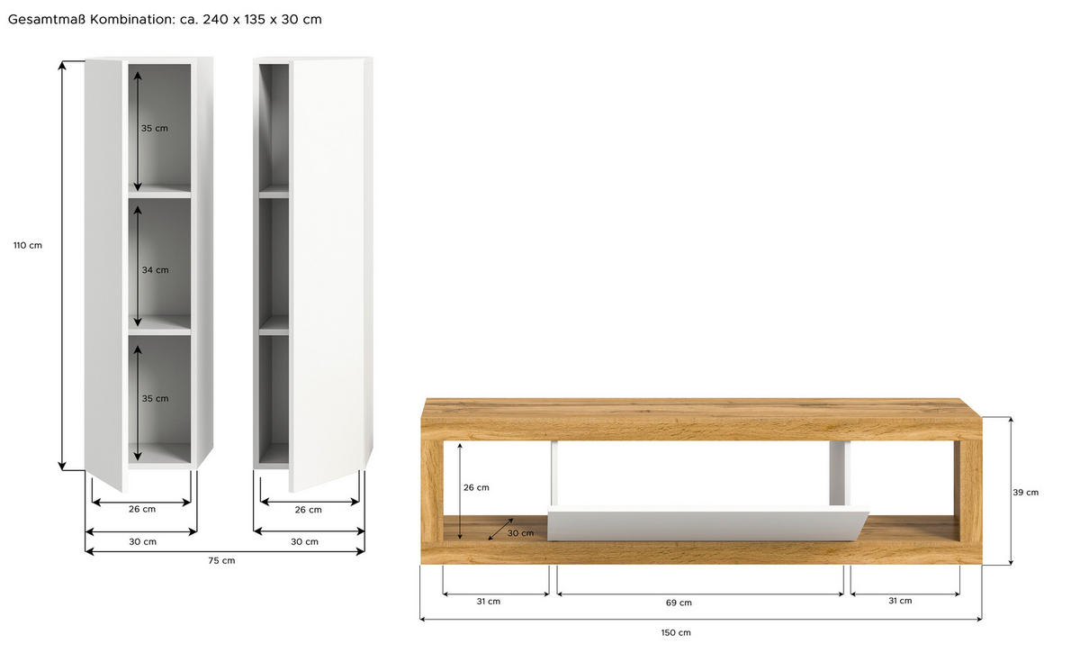OBÝVACÍ STĚNA, dub wotan - černá/dub wotan, Design, kompozitní dřevo (240/135/30cm) - MID.YOU