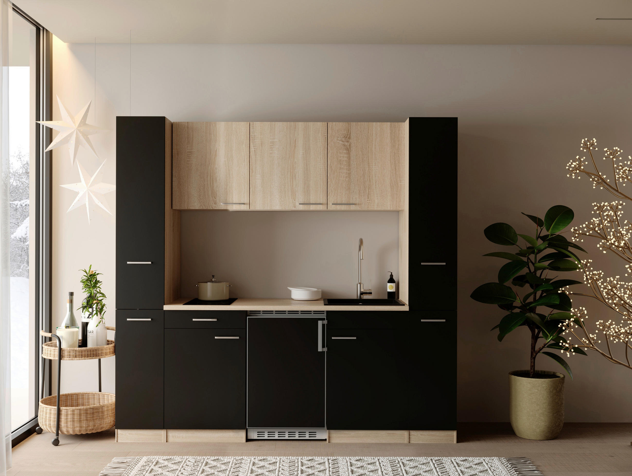 KÜCHENBLOCK Ingrid 210 cm  in Schwarz  - Eichefarben/Alufarben, Design, Holzwerkstoff/Kunststoff (210cm) - Respekta