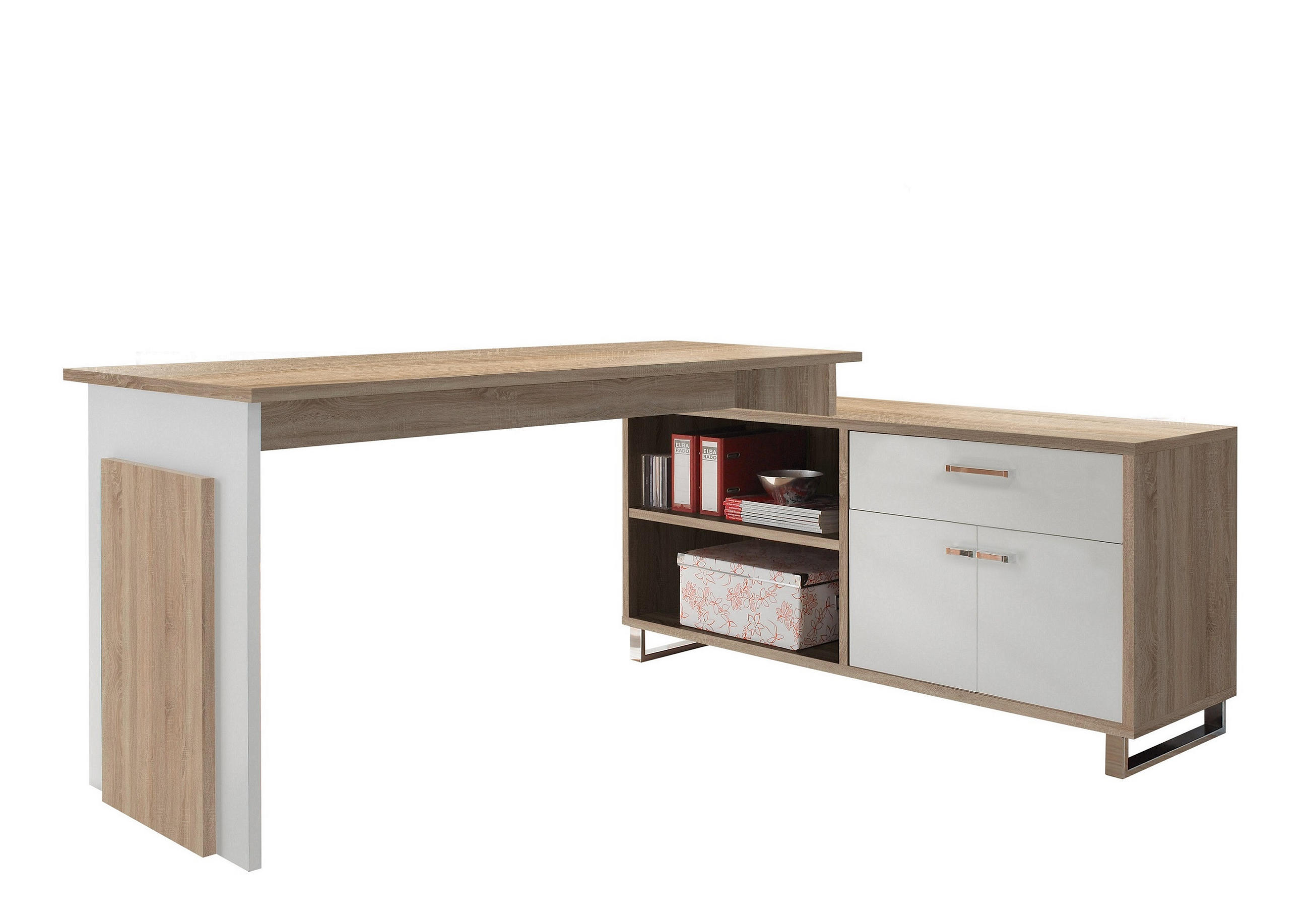 ROHOVÝ PÍSACÍ STÔL, biela, dub sonoma, 140/65/76 cm - biela/chrómová, Basics, kov/kompozitné drevo (140/65/76cm) - MID.YOU