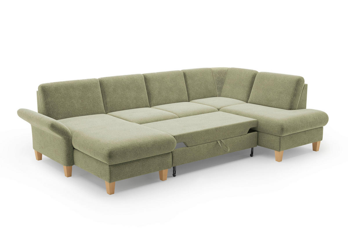 WOHNLANDSCHAFT Hellgrün Flachgewebe  - Eichefarben/Hellgrün, KONVENTIONELL, Holz/Textil (164/314/195cm) - Sit & More