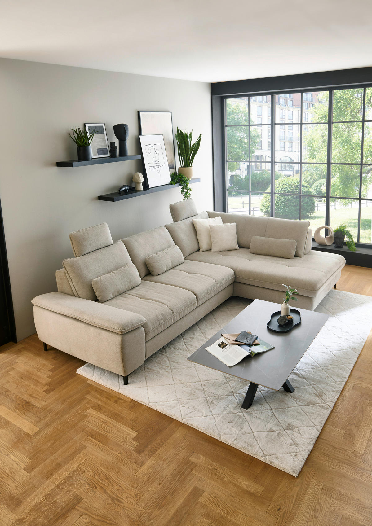 ECKSOFA Flachgewebe Sandfarben  - Sandfarben/Schwarz, Design, Textil/Metall (308/214cm) - Beldomo Speed