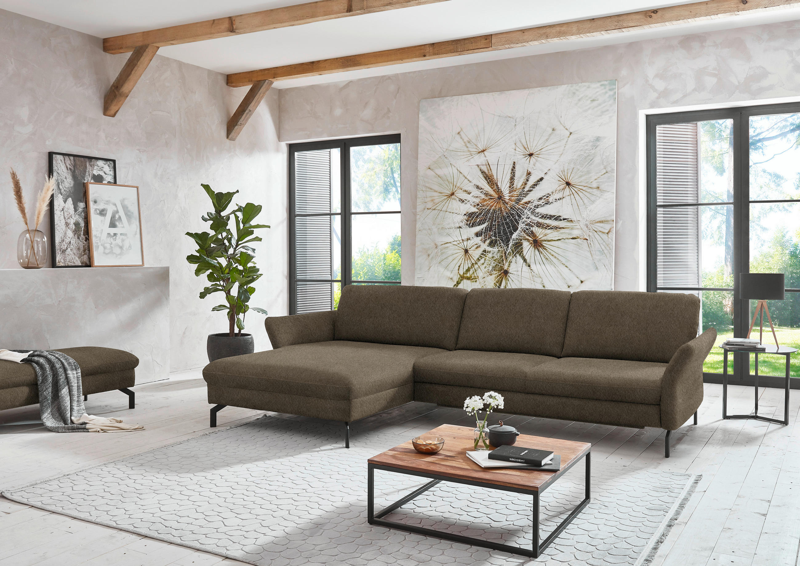 ECKSOFA in Velours Graubraun  179/306 cm  - Graubraun/Schwarz, Design, Textil/Metall (179/306cm) - Beldomo System