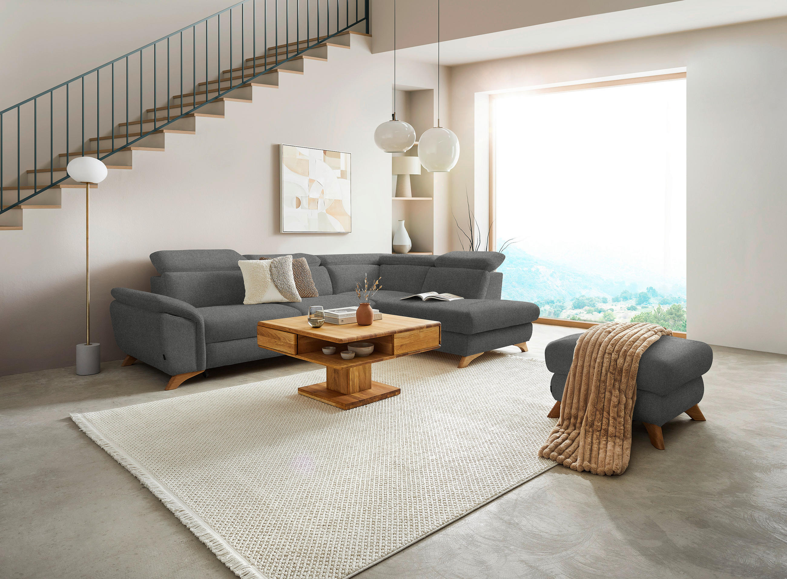 ECKSOFA in Flachgewebe Grau  - Eichefarben/Grau, Modern, Holz/Textil (287/212cm) - Valnatura