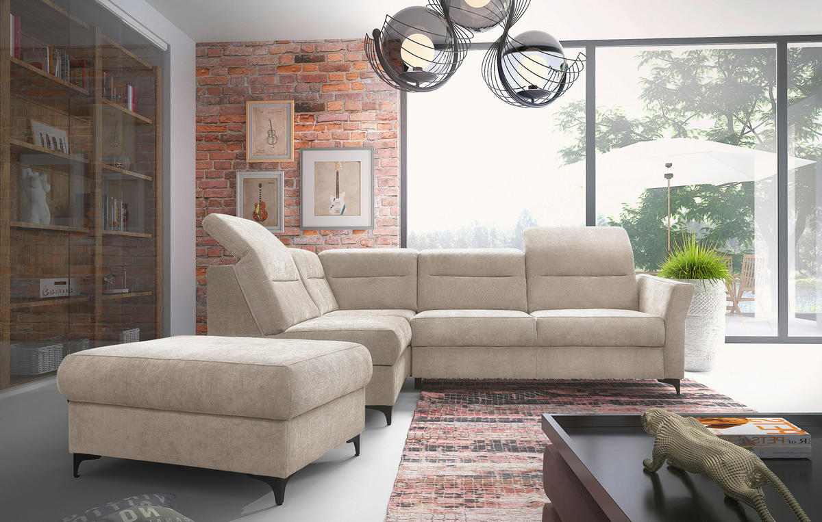 Ecksofa inkl. Funktionen Beige Webstoff  - Beige/Schwarz, KONVENTIONELL, Textil/Metall (177/272cm) - Stylife